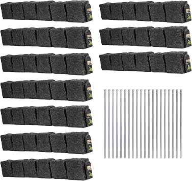 Beuta Landscape Edging | Garden Edging Border | Polyrock Blocks for Lawn Edging, Flower Beds & Yard Edging 10 Pack | Each Section Has 6 Blocks 48" L x 4" W x 6.5" H | 20 Spikes | Charcoal