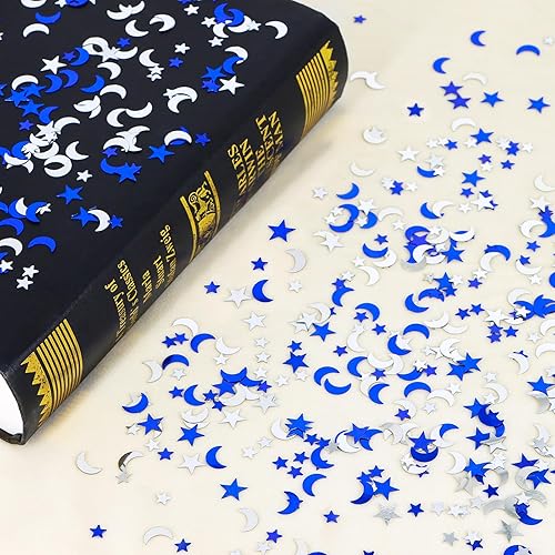 Miniatura 3 de WenmthG 3.52 oz  100 g de confeti de mesa azul plateado con estrella y luna, mesa con brillantina, luna y estrella de lentejuelas, confeti con