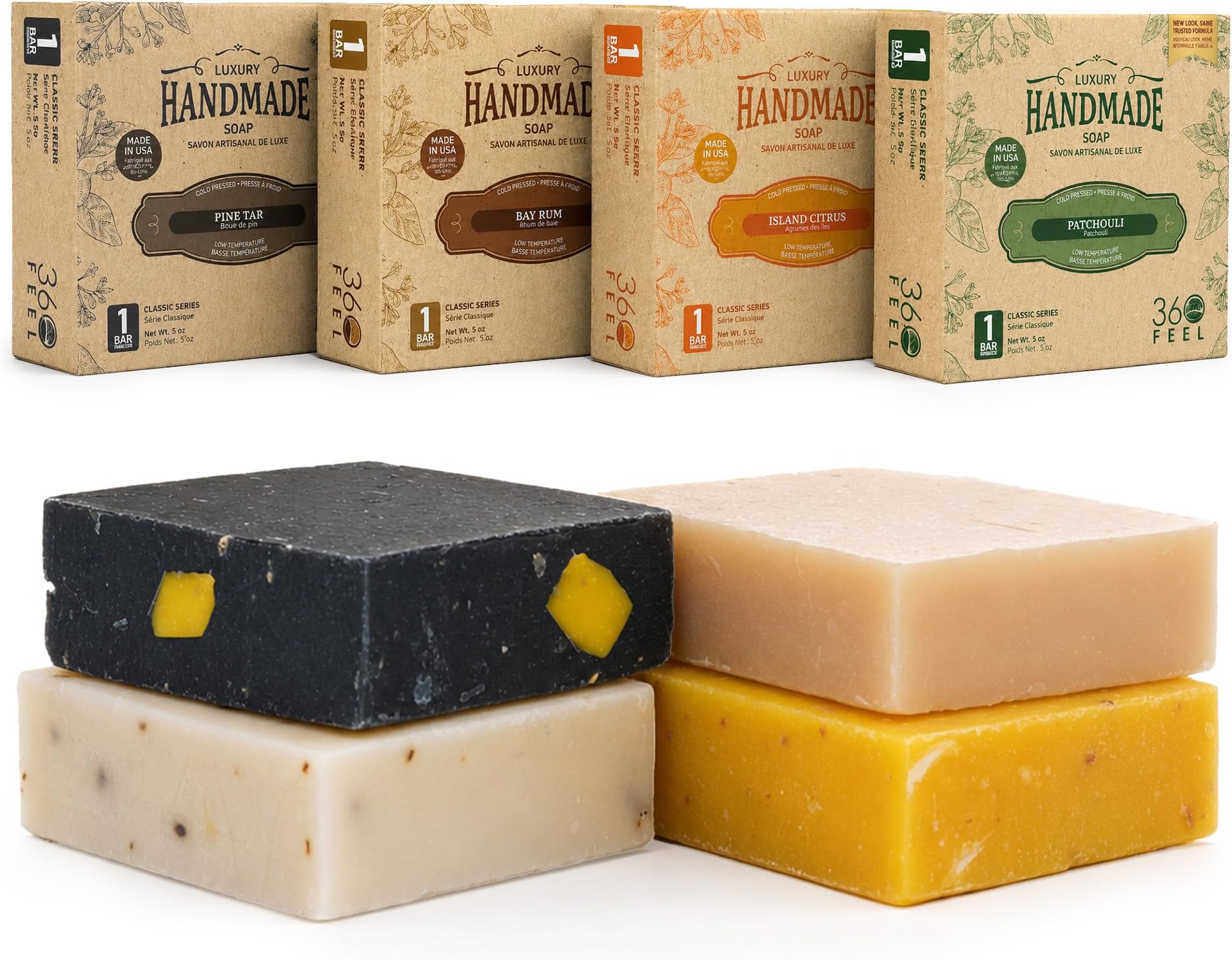 360Feel Mens Bar Soap - Made in the USA - Castile Handmade All Natural Cold Processed - Includes 4 Bold Masculine Scents: Bay Rum, Pine Tar Black Soap bar, Patchouli & Island Citrus (5oz, 4-Pack)