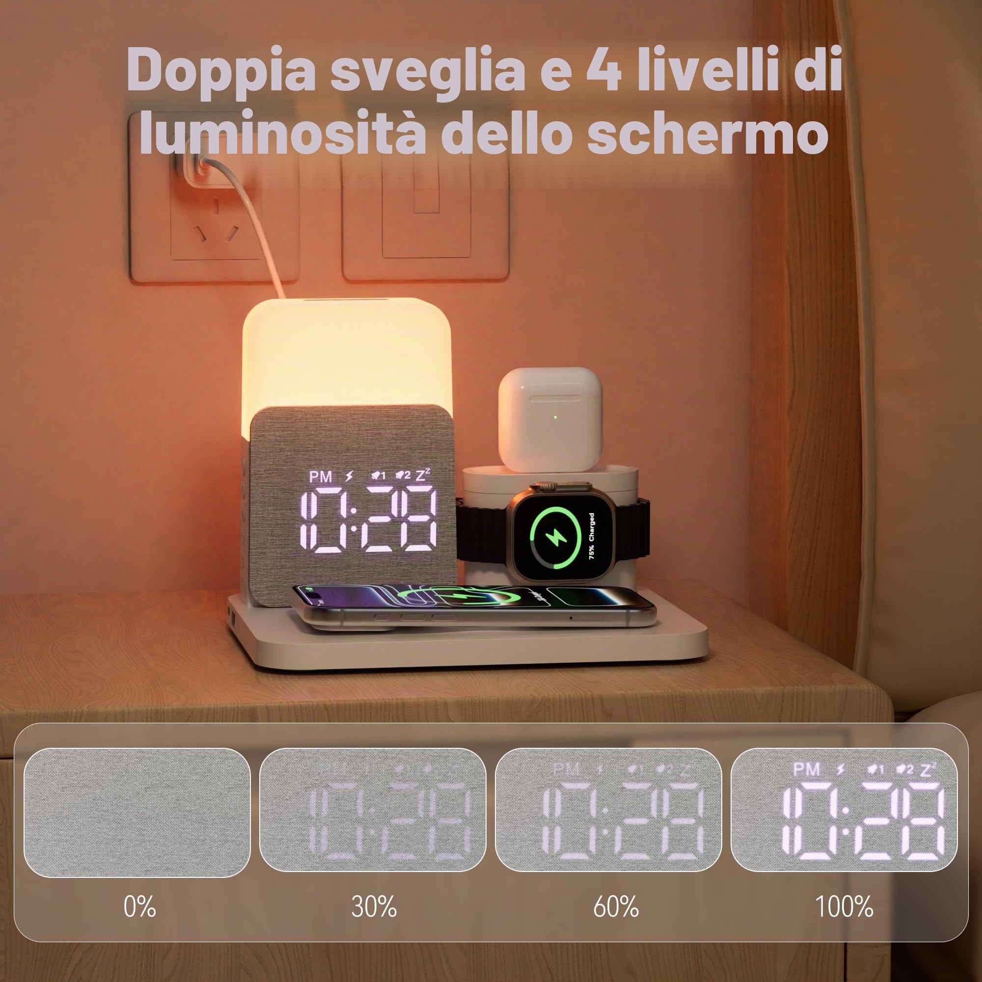 5 in 1 Caricatore Wireless per i-phone, Stazione di Ricarica con Sveglia | Caricatore 3 in 1 A-Watch Air-Pods i-phone 17-11 e Luce 3 Colori Regolabile, Adattatore Incluso – per Camera, Ufficio