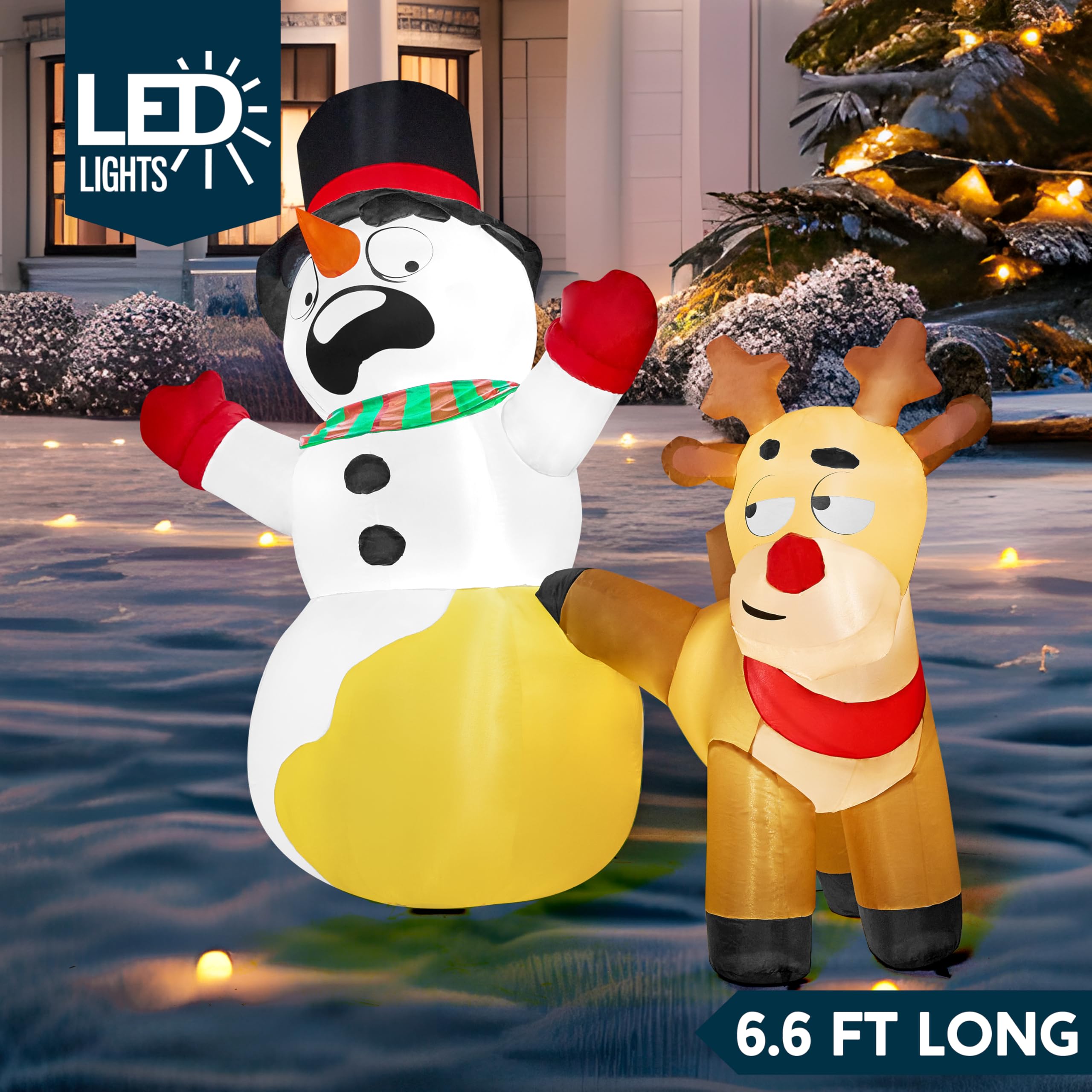 Joiedomi Renne gonflable de Noël de 2 m de long qui fait pipi sur un bonhomme de neige, décorations de Noël gonflables avec LED intégrées pour décoration de fête de Noël, extérieur, intérieur, cour,