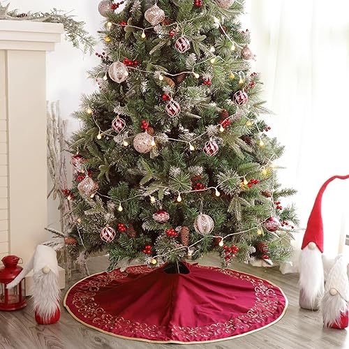 Miniatura 5 de Falda de árbol de Navidad, 36 pulgadas, clásica de piel de terciopelo grande, falda de árbol rojo y borgoña, faldas de árbol barroco con patrón de