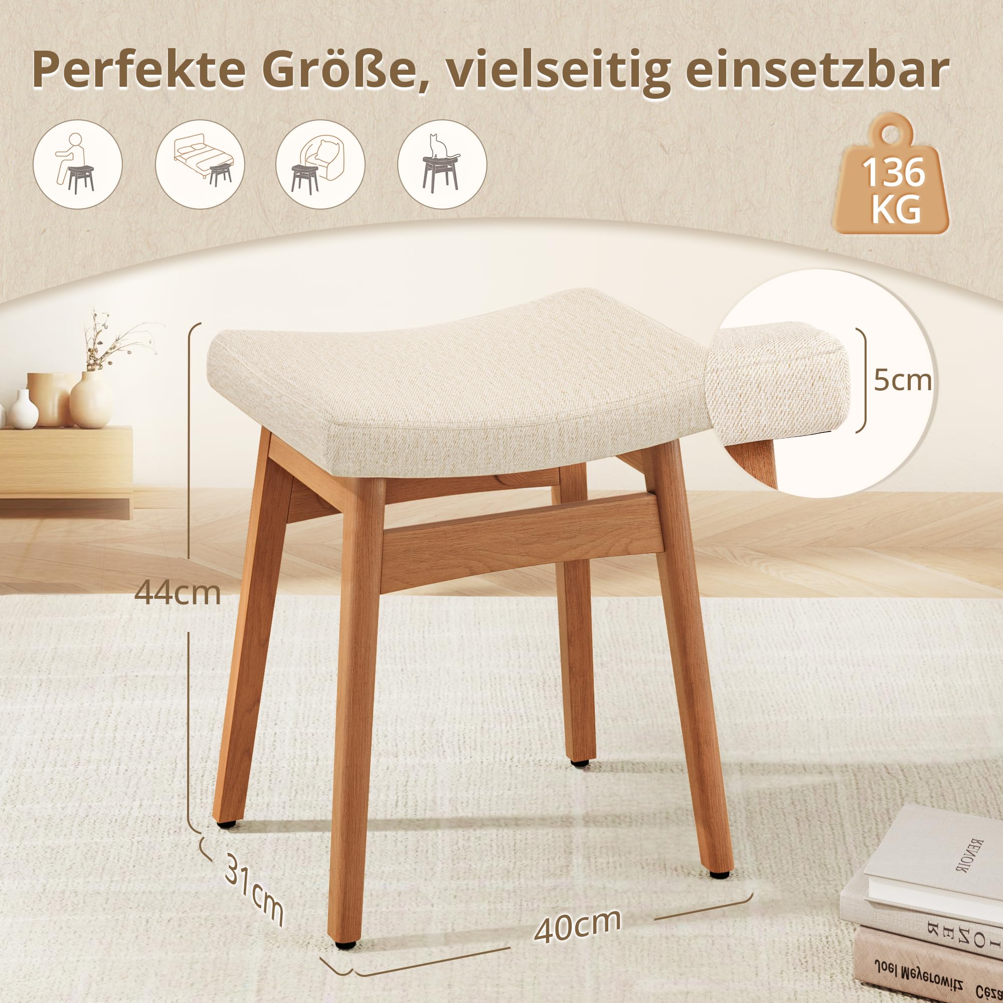 LUE BONA Schminktisch Hocker,Schminkhocker aus Leinen mit Beine aus Holz,Sattelförmiger Make-up Stuhl,Fußhocker stabil bis 136 kg für Schlafzimmer & Ankleidezimmer oder Flur,Natur-Leinen+Walnuss