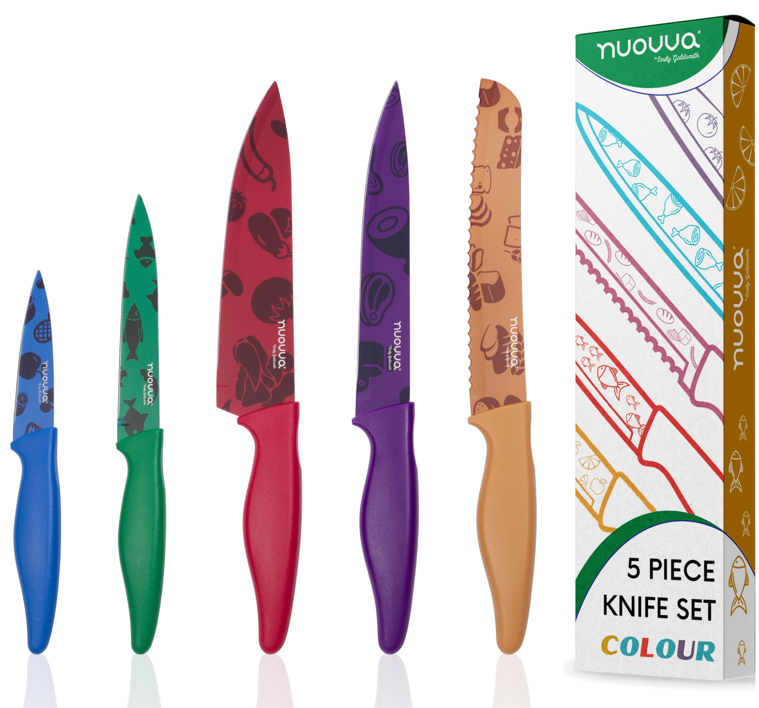 nuovva Professional Kitchen Knife Set – 5pcs Colour Pattern Kitchen Knives – Stainless Steel Granite Non Stick Blades – Chefs, Filleting, Bread, Paring and Utility Knives