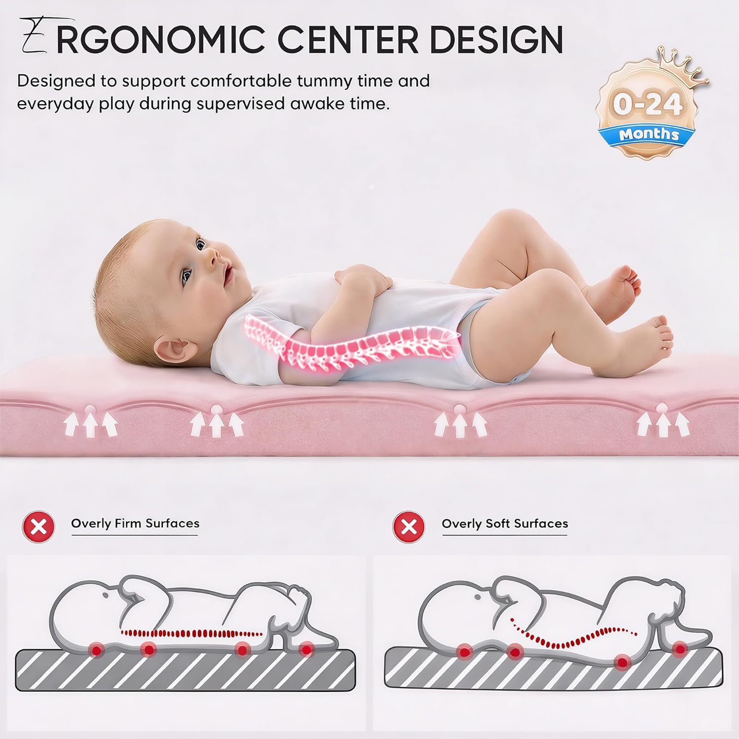 Baby Lounger - Ergonomic Curved Infant Support Cushion for Newborns, Breathable Portable Baby Nest Lounger & Tummy Time Mat for Home and Travel, Pink (Cotton Cover Included)