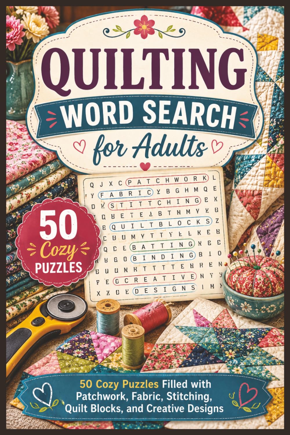 Quilting Word Search for Adults: 50 Cozy Puzzles Filled with Patchwork, Fabric, Stitching, Quilt Blocks, and Creative Designs