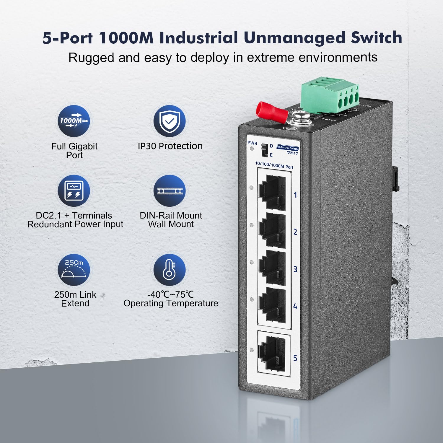 Switch per guida DIN mini gigabit industriale a 5 porte, 4 porte da 100/1000 Mbit/s, 1 uplink Gigabit, guida DIN e supporto da parete inclusi, switch Ethernet industriale non gestito