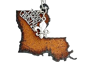 Louisiana Christmas Ornament, Medium, Rustic Metal with Merry Christmas and Fleur de Lis Charms