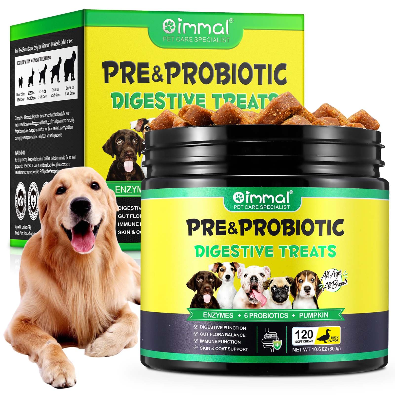 Probiotische Kausnacks für Hunde mit Präbiotika & Verdauungsenzymen (6 Bakterienkulturen, Bacillus Subtilis DE111, Kürbis) - Unterstützt Darmflora, Immunsystem & Haut - Entenaroma 120 Stück