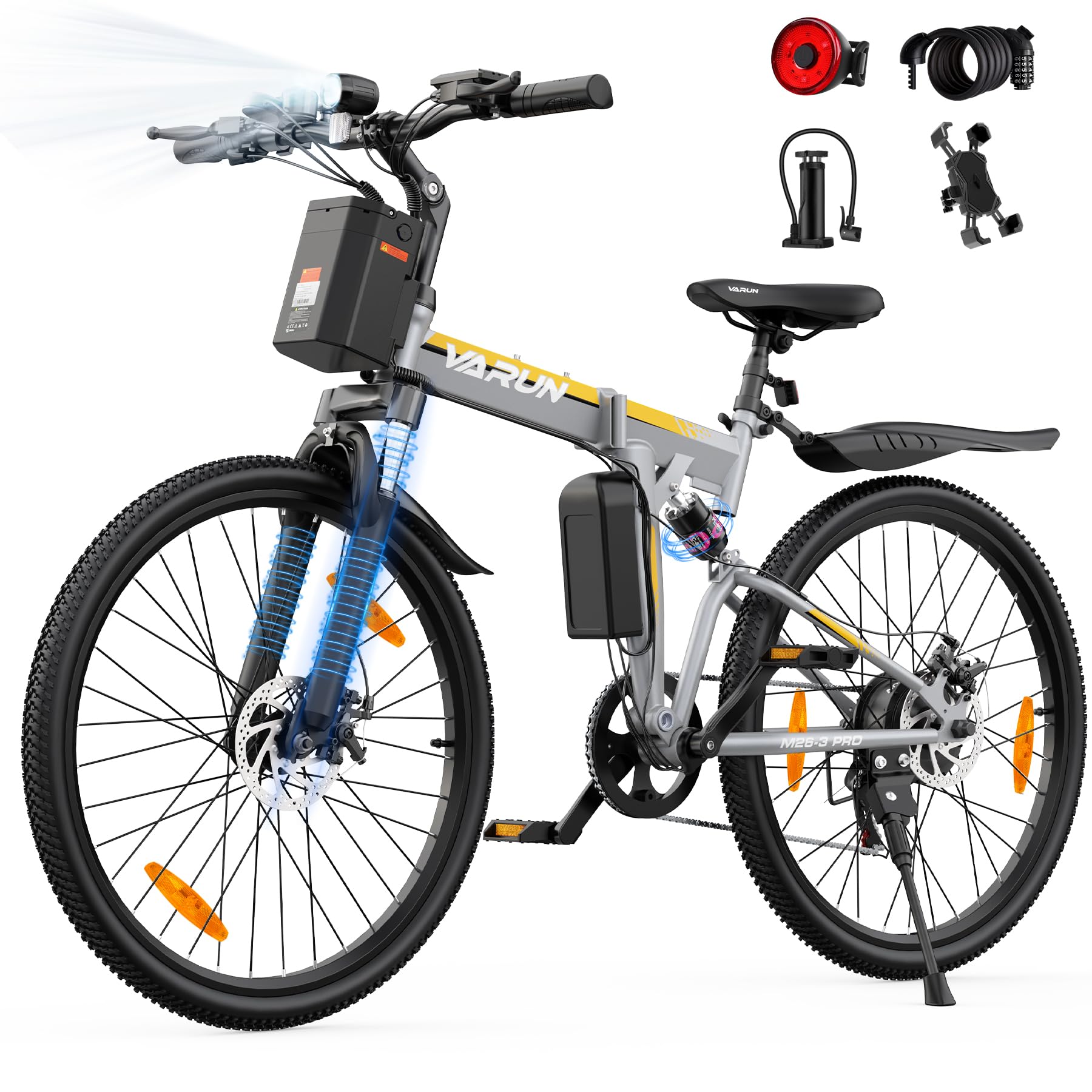 VARUN 26'' Bicicleta Electrica Plegable, 48V 374.4Wh Batería Extraíble | Motor de 250W 55Nm, 25km/h, Suspensión Total E Bike,Bici Electrica Montaña de 7 Velocidades, Apto para Ciudad/Montaña/Grava