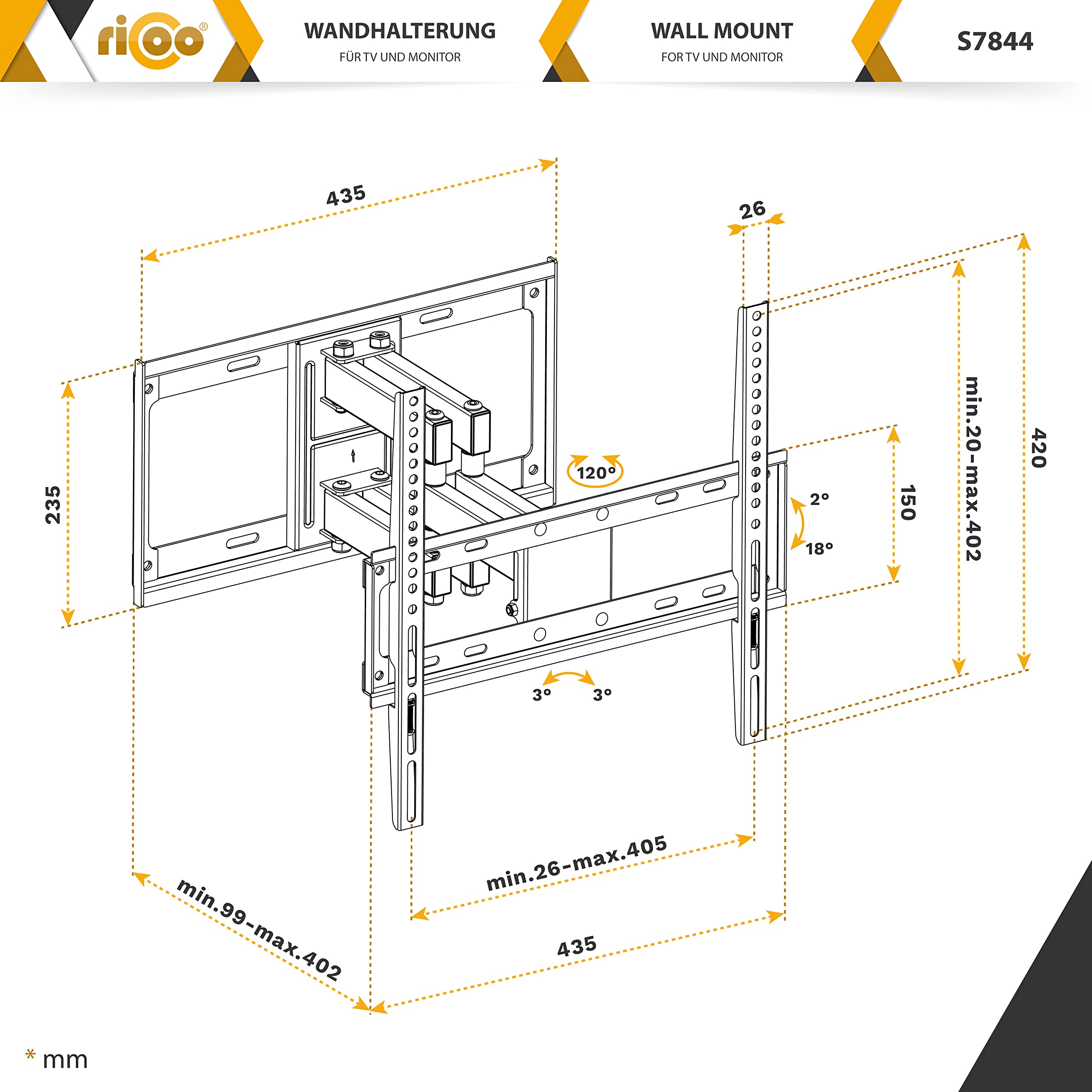 RICOO Soporte TV Pared 32" - 55" S7844 Pulgadas Brazo articulado Giratorio Inclinable Colgador televisión VESA 200x200-400x400