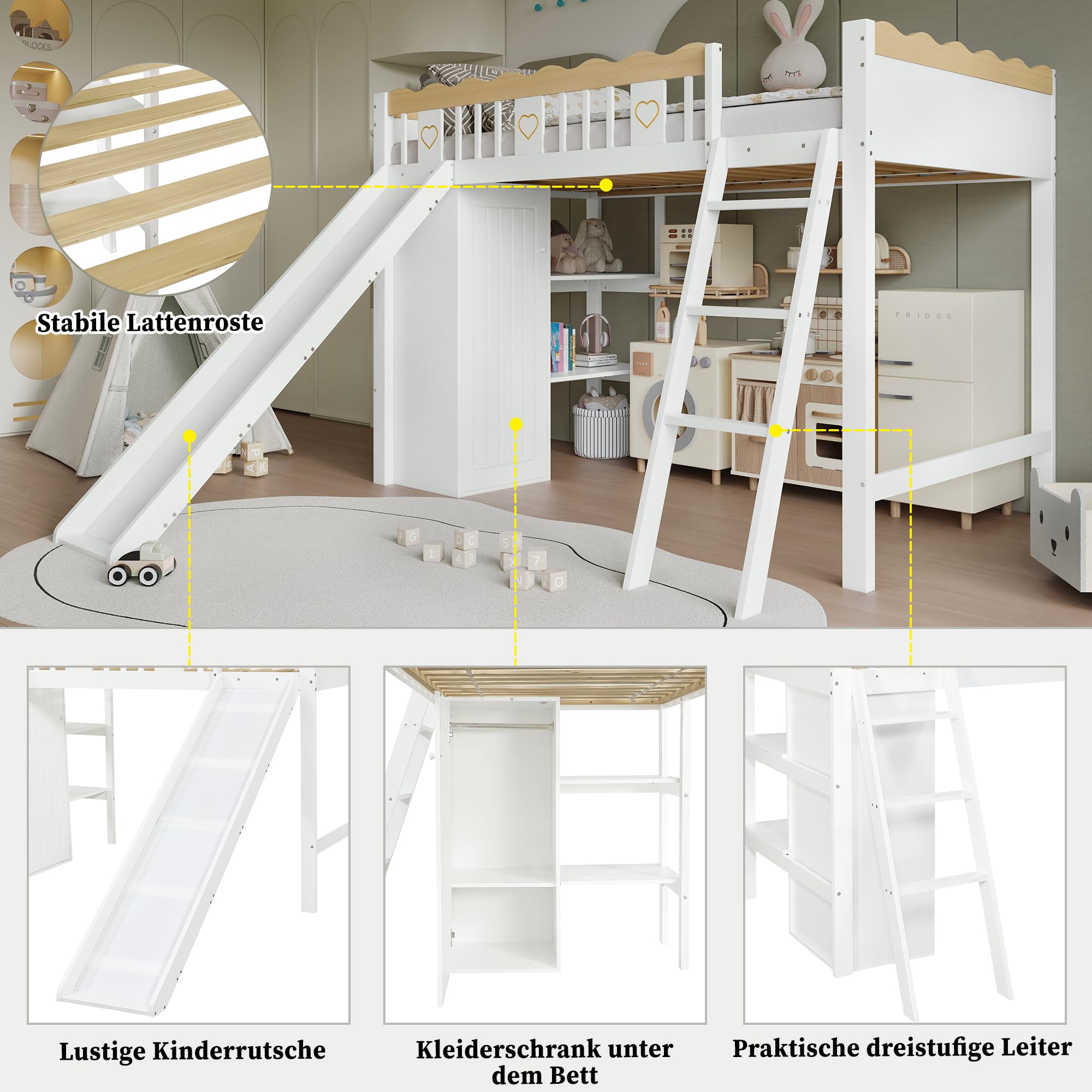 Azkoeesy Letto a Soppalco per Bambini con Scivolo, Scala Inclinata, Armadio, Mensole Librarie Integrate, Parapetto di Sicurezza Ondulato, in Pino Massiccio, Bianco, 90x200 cm