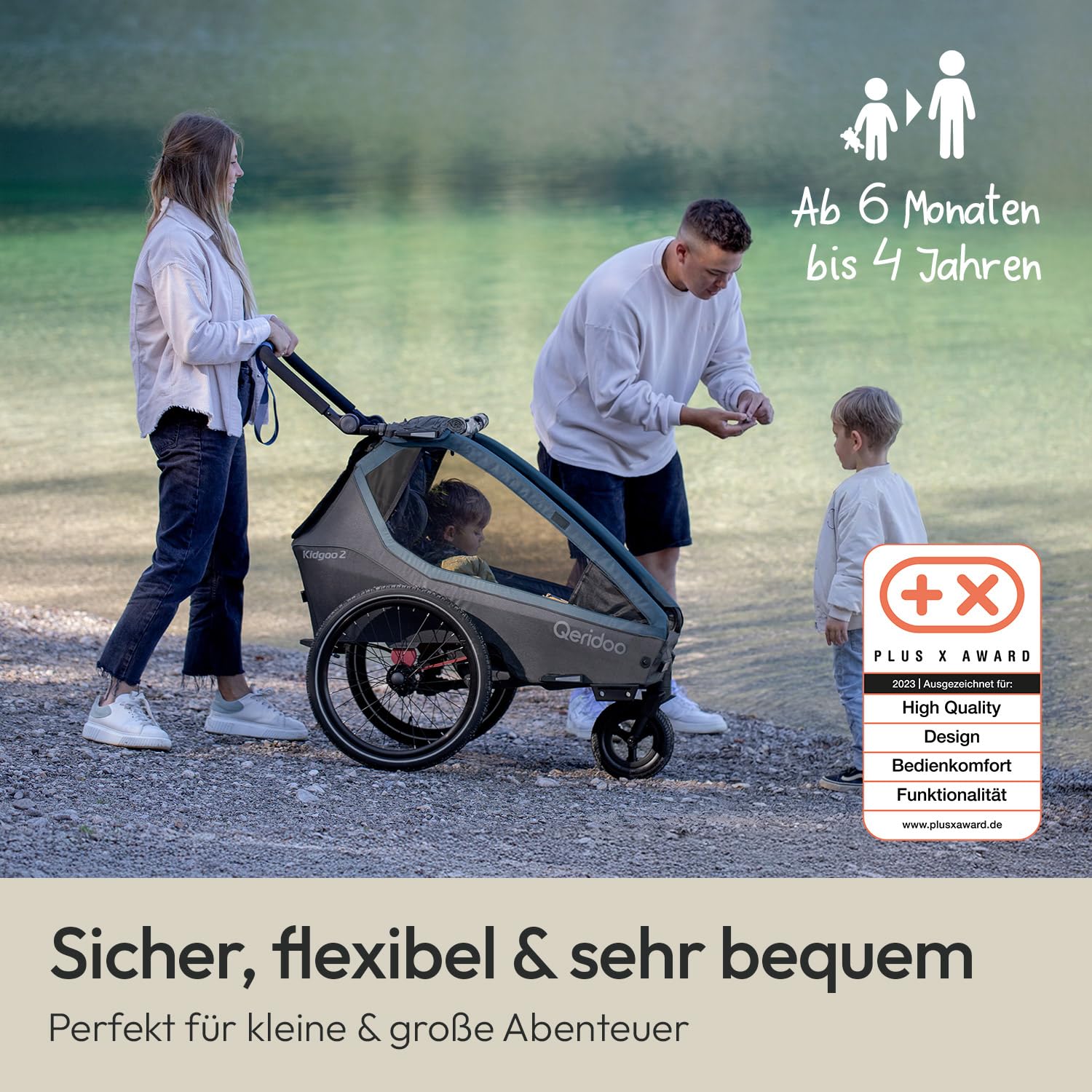 Qeridoo Rimorchio per bicicletta Kidgoo 2 blu navy con sistema di cinture a 5 punti e Easy ARS, pieghevole, con ruota girevole a 360 gradi e protezioni per la testa brevettate, per 2 bambini!
