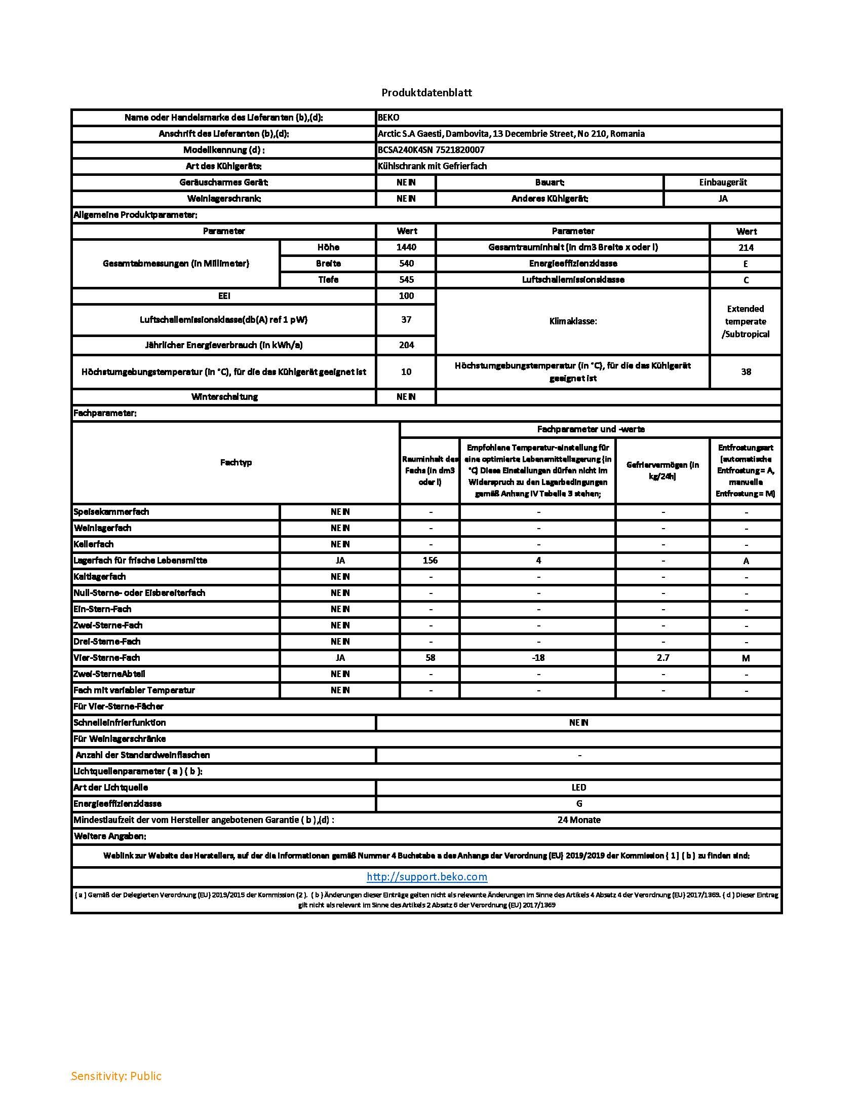 Beko BCSA240K4SN b100 Integrierbare Kühl-/Gefrierkombination, 214 l Nutzinhalt, 156 l Kühlen, 58 l Gefrieren, 145er Nische, Schlepptürtechnik, 37 dB, Einbau-Gerät, Weiß