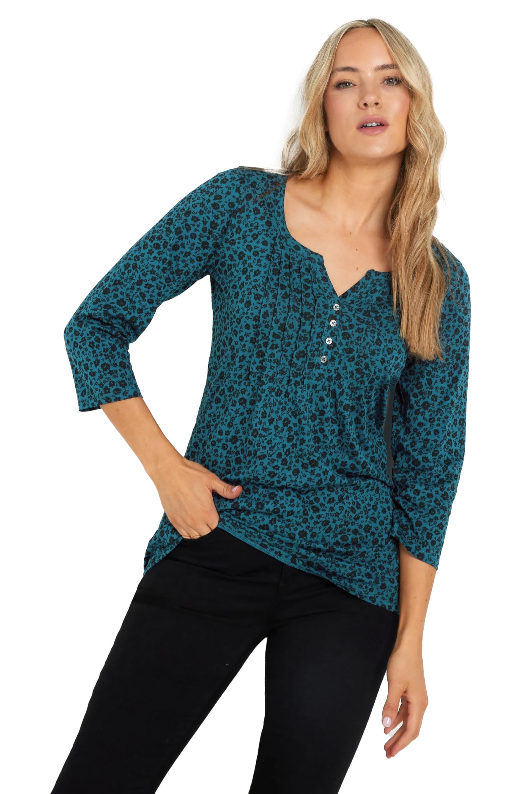 Long Tall Sally Women's Teal - Lts Tall Blue Ditsy Floral Henley Top