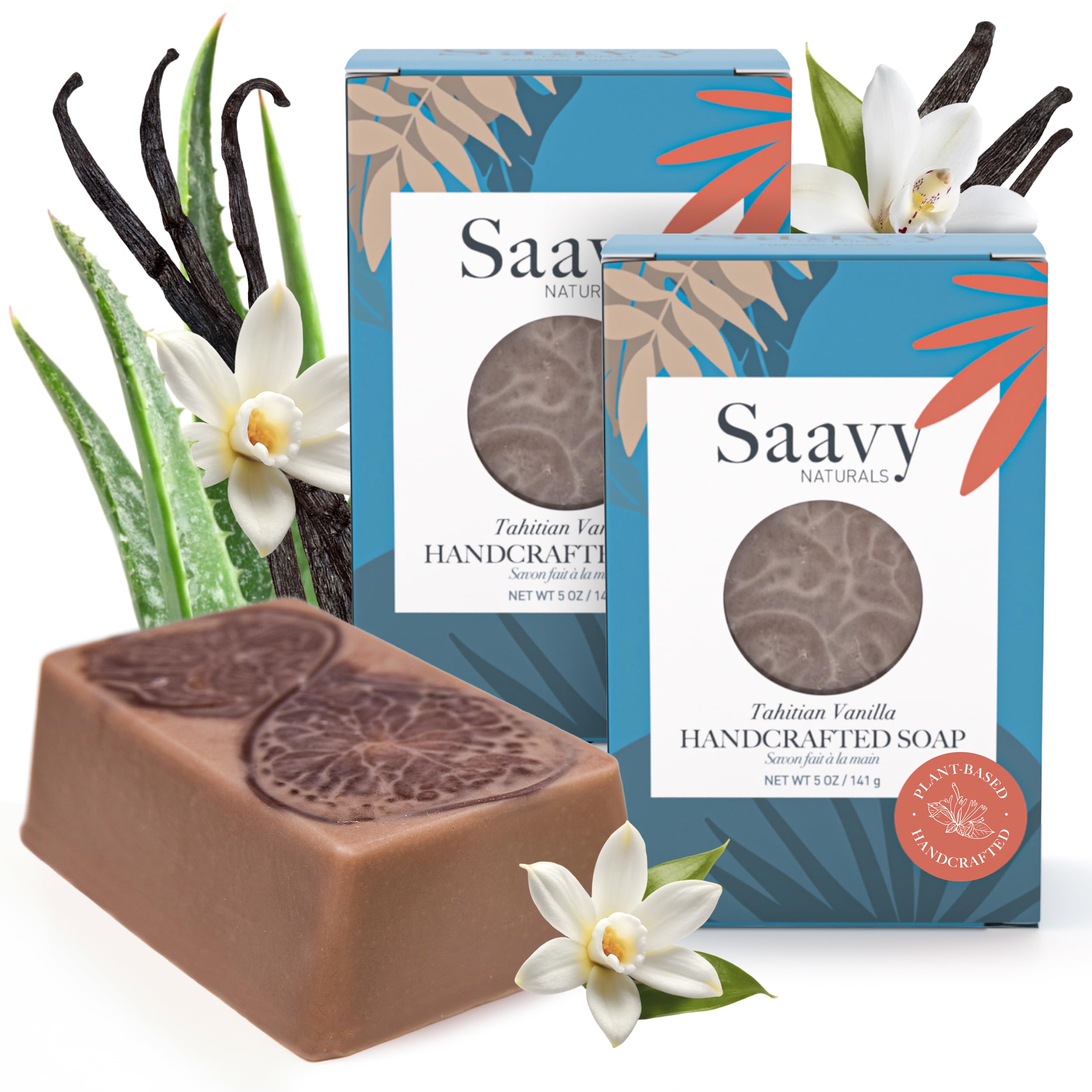 Saavy Naturals Bar soap Tahitian Vanilla Clean,Plant-Based Ingredients - Made In USA Sensitive Skin Sulfate Free Organic Bar Soap Creamy Lather Soap Gift Sets for Women, 5 Oz, 2 Pack