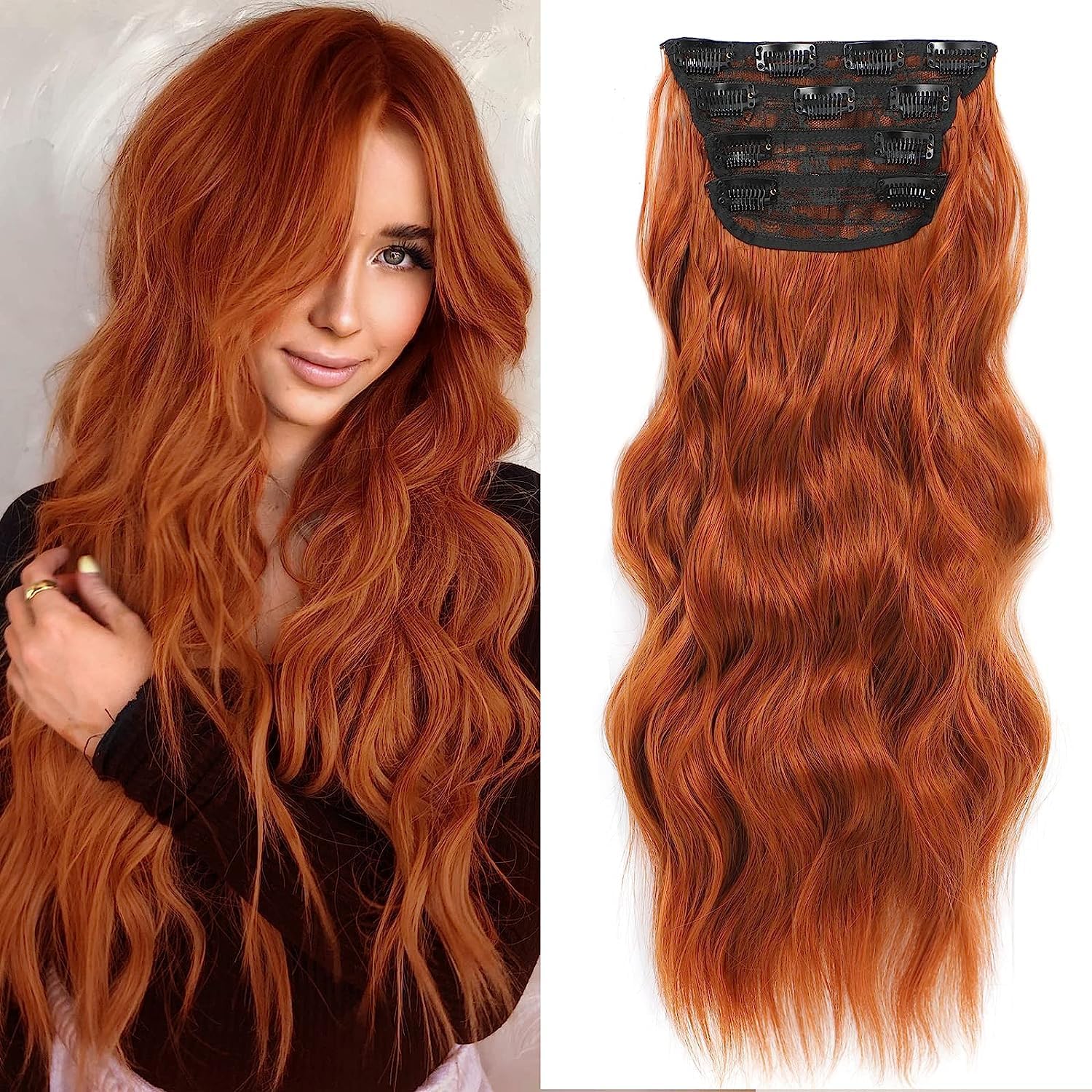 NAYOO Clip in Curly Hair Extensions 4PCS Long Wavy Synthetic Thick Hairpieces with Fiber Double Weft for Women Hair Full Head (24 Inch, Copper Red)