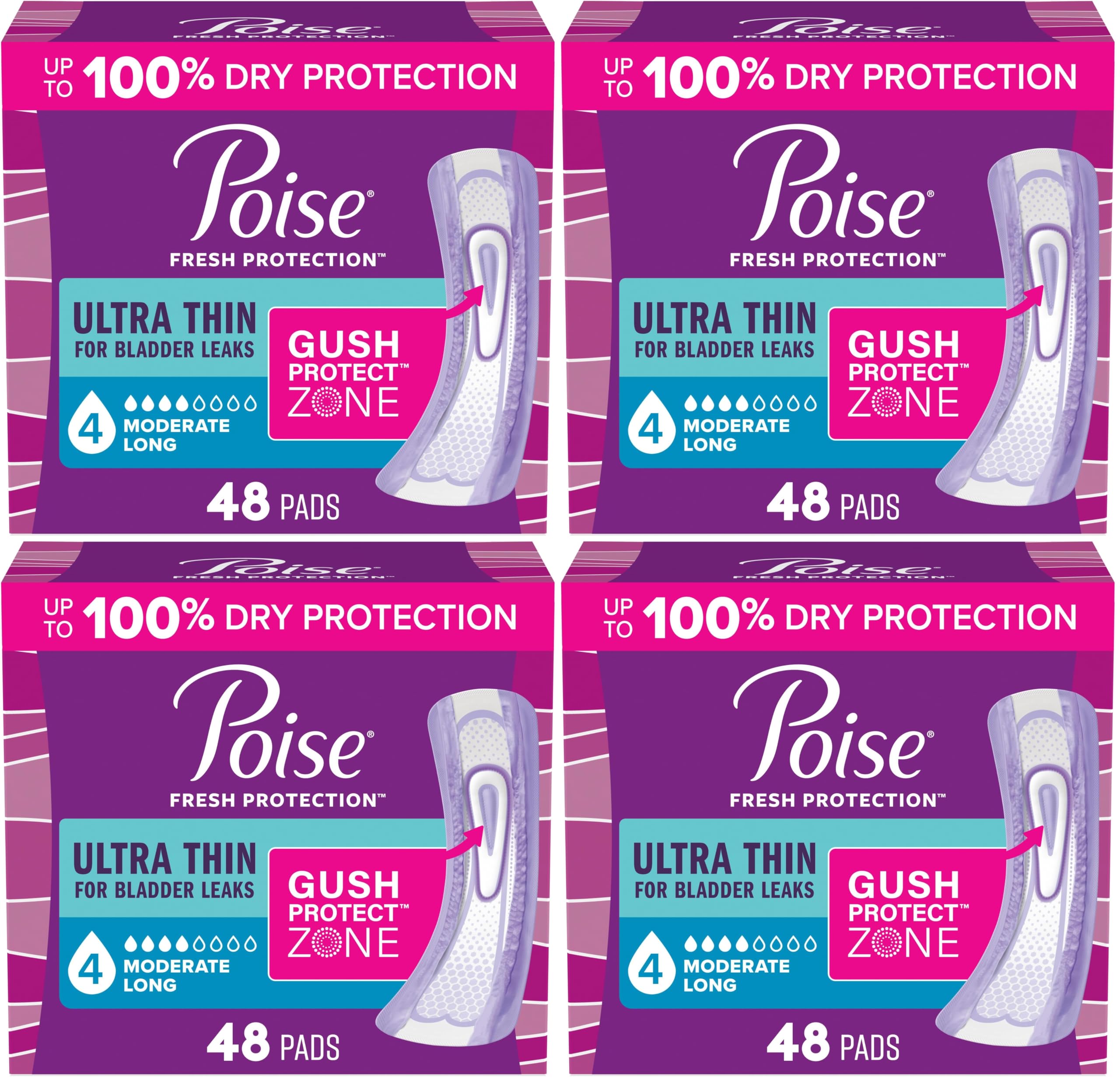Poise Ultra Thin Incontinence &amp; Postpartum Pads for Bladder Leaks, 4 Drop Moderate Absorbency, Long Length, 48 Count (Packaging May Vary) (Pack of 4)