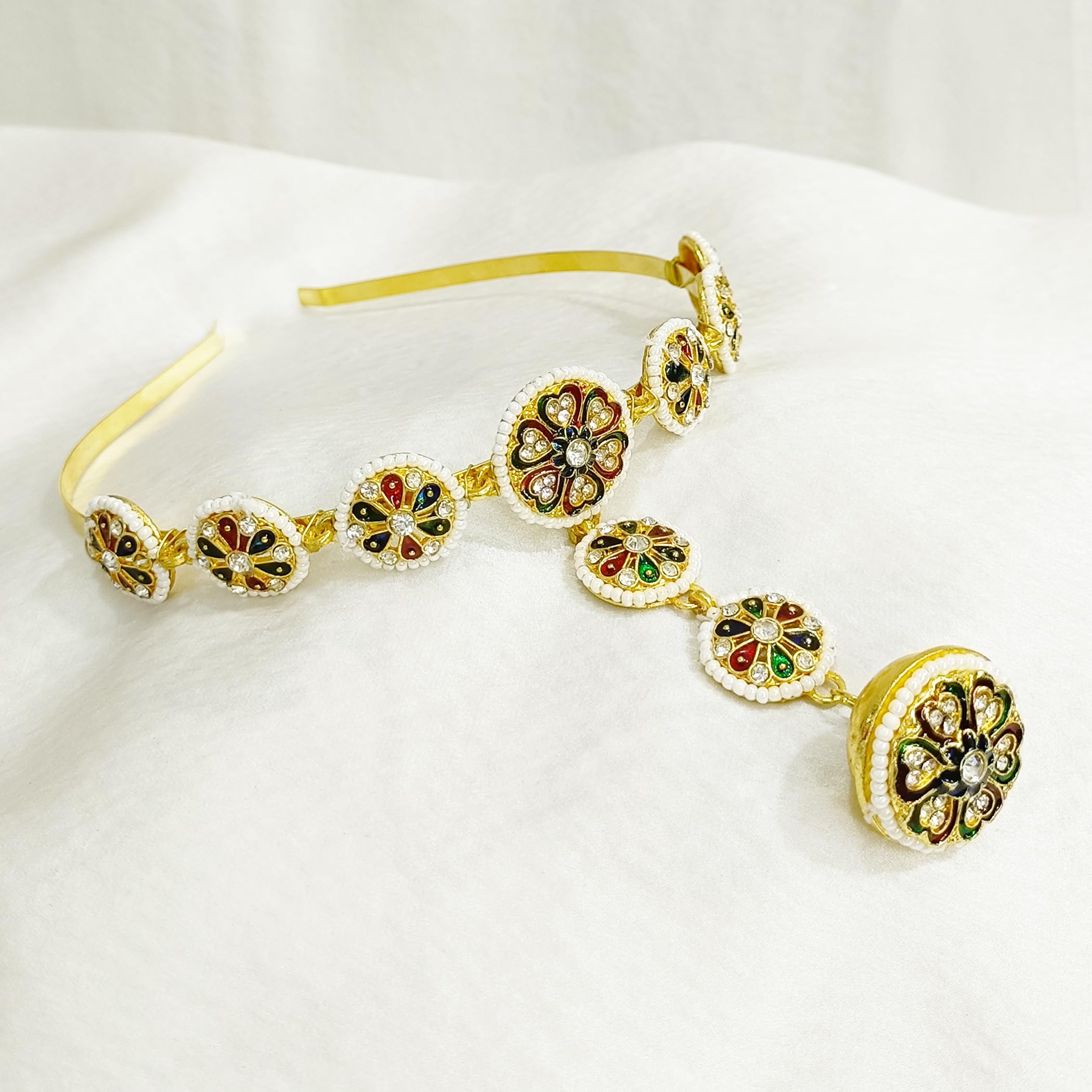 Traditional Ethnic Mathapatti Hairband With Attached Borla/Hair Accessory/Mang Tika For Hair Jewelry for Womens/Ladies/Girls (Golden) (Multicolor-With-Golden-A) (B0D2LXBN3X) Amazon Price History, Amazon Price Tracker