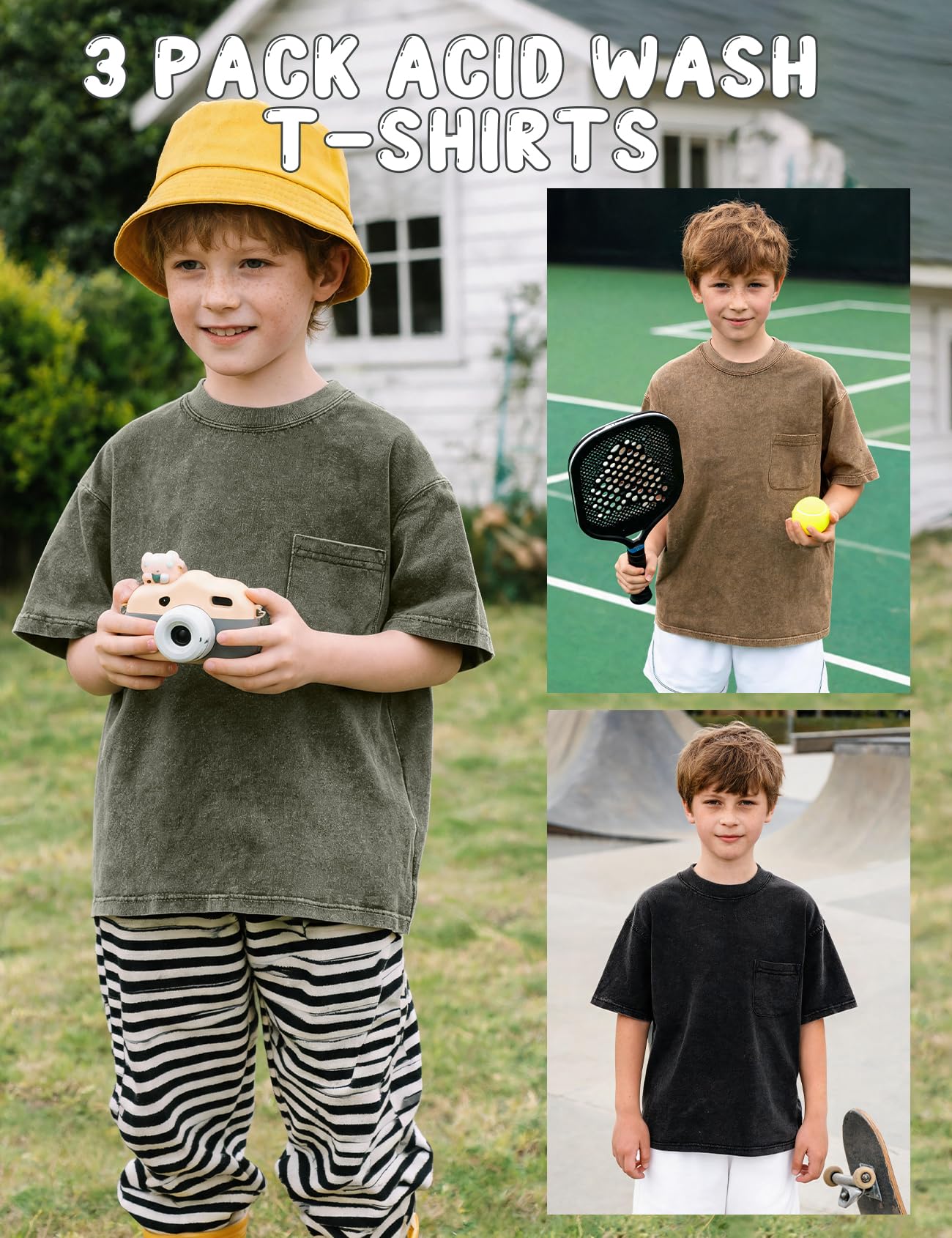 3er-Pack T-Shirts für Jungen und Mädchen, kurzärmelig, säuregewaschene Baumwolle, Kinder-T-Shirts, Sommer-Tops, T-Shirts für 5–14 Jahre