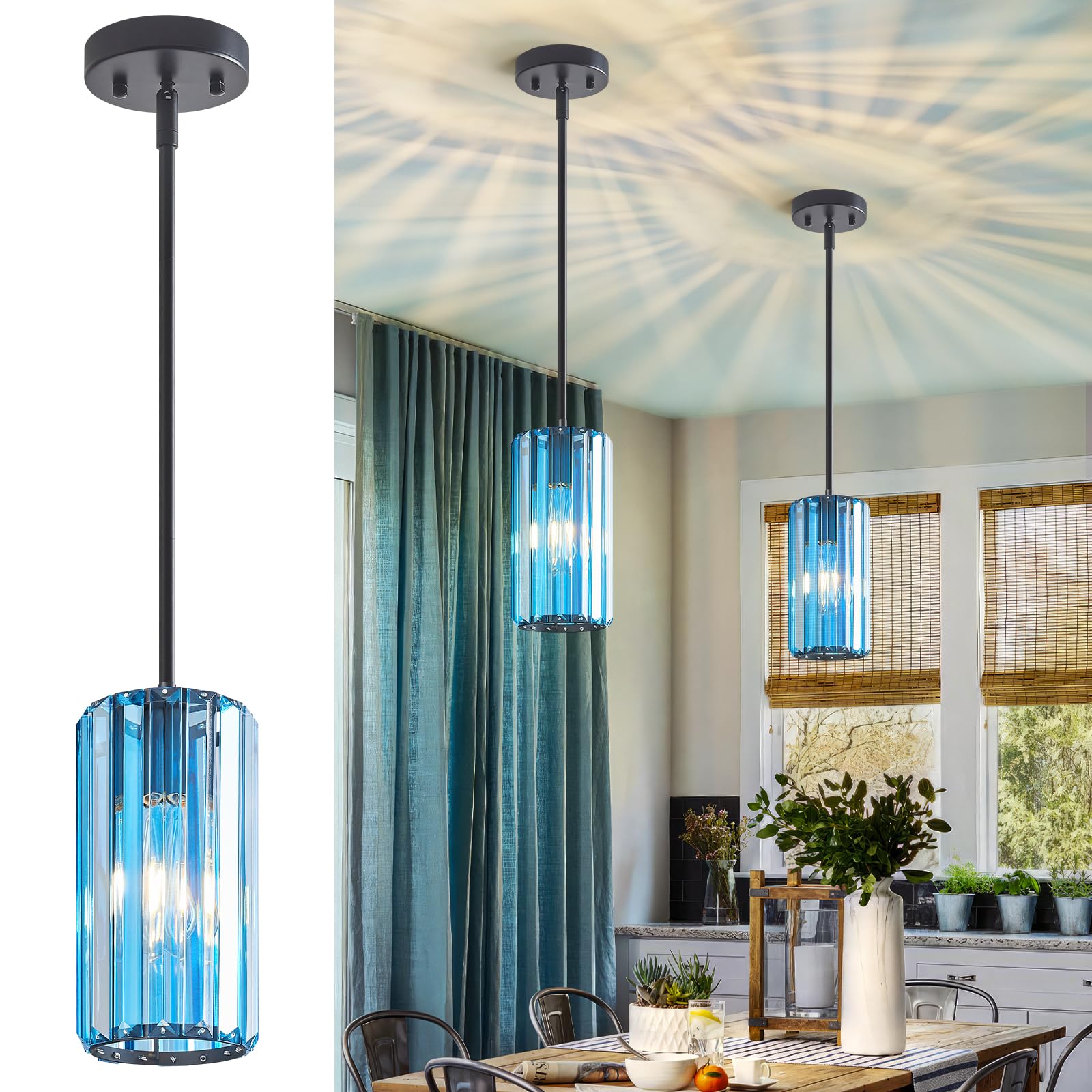 Modern Crystal Pendant Light Mini Light Blue Chandeliers Adjustable Pendant Lights Fixture for Kitchen Island Dinning Room Corridor Bedroom(Light Blue 2-Pack)