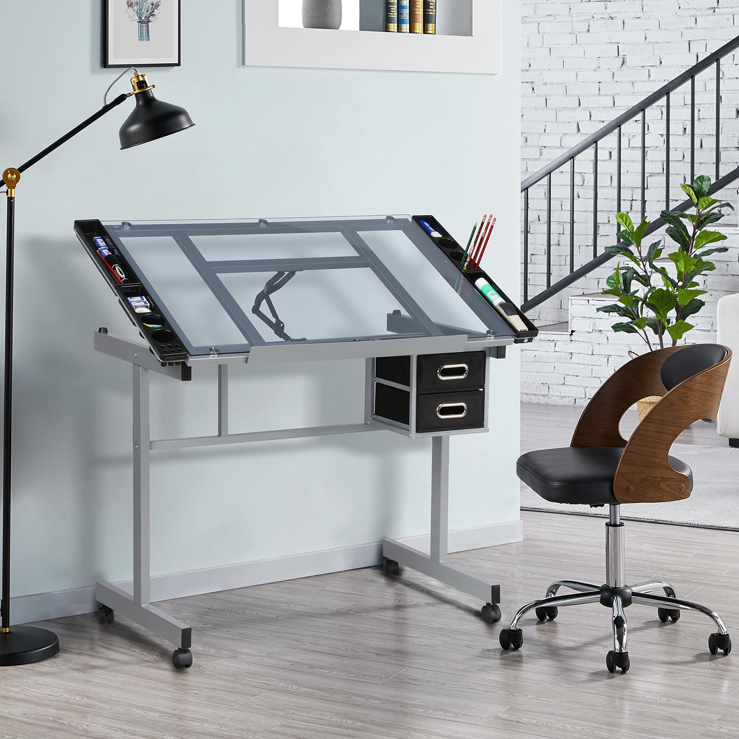 Yaheetech Zeichentisch 0-60° neigbar, Architektentisch mit kippbarer Glasplatte, Schreibtisch Bürotisch mit 2 Schubladen, für Architekten/Künstler/Maler, 90 cm L × 60 cm B