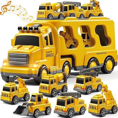 Juegos de camiones de construcción 7 en 1 para niños de 3, 4, 5, 6 años, juguetes de ingeniería para niños, camiones de transporte para niños,