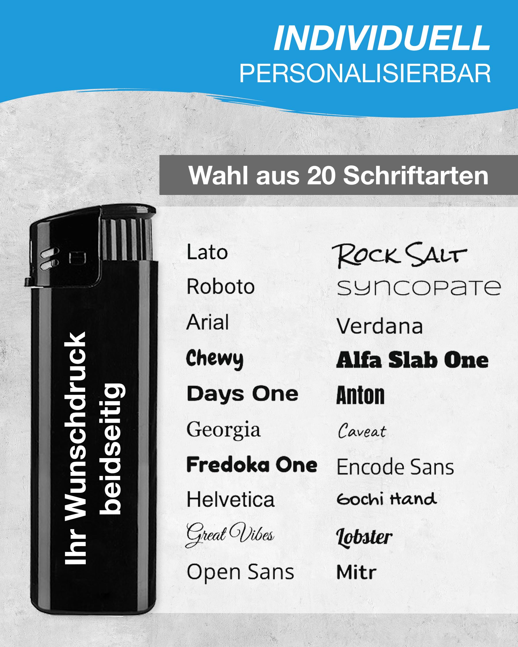 Elektronik Feuerzeug mit Textdruck – personalisierbar – Druck beidseitig – Schlichtes und modernes Gasfeuerzeug – ideale Geschenkidee für Alltag und Beruf (SCHWARZ,100)
