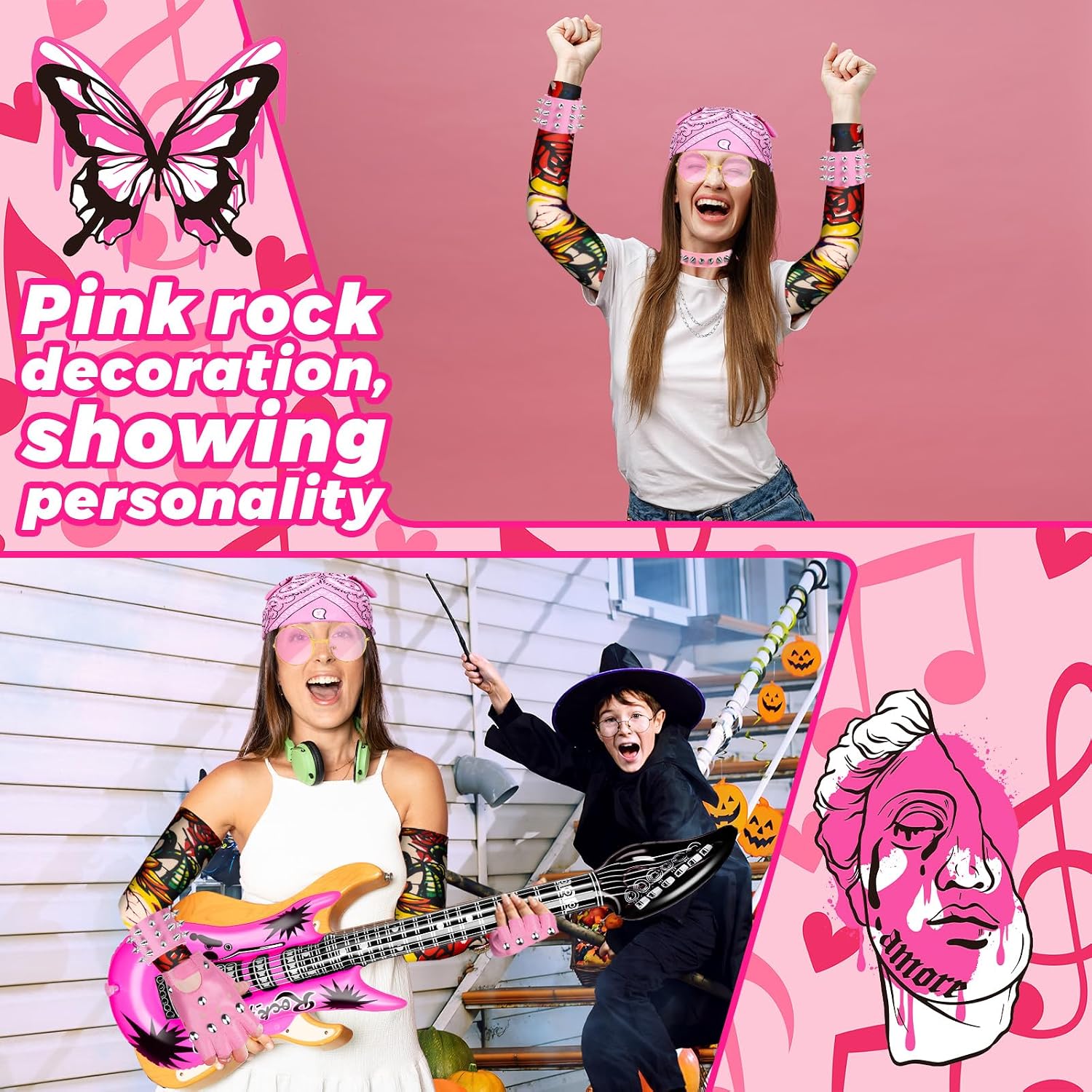 Demonwer Halloween Rock Star Costume Accessories Set for 80s 90s Punk Party