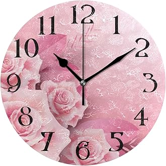 Pink Roses Wall Clock with Roses - Battery Operated, Non Ticking, Quartz Analog, Round 9.5 in, Kitchen Decor