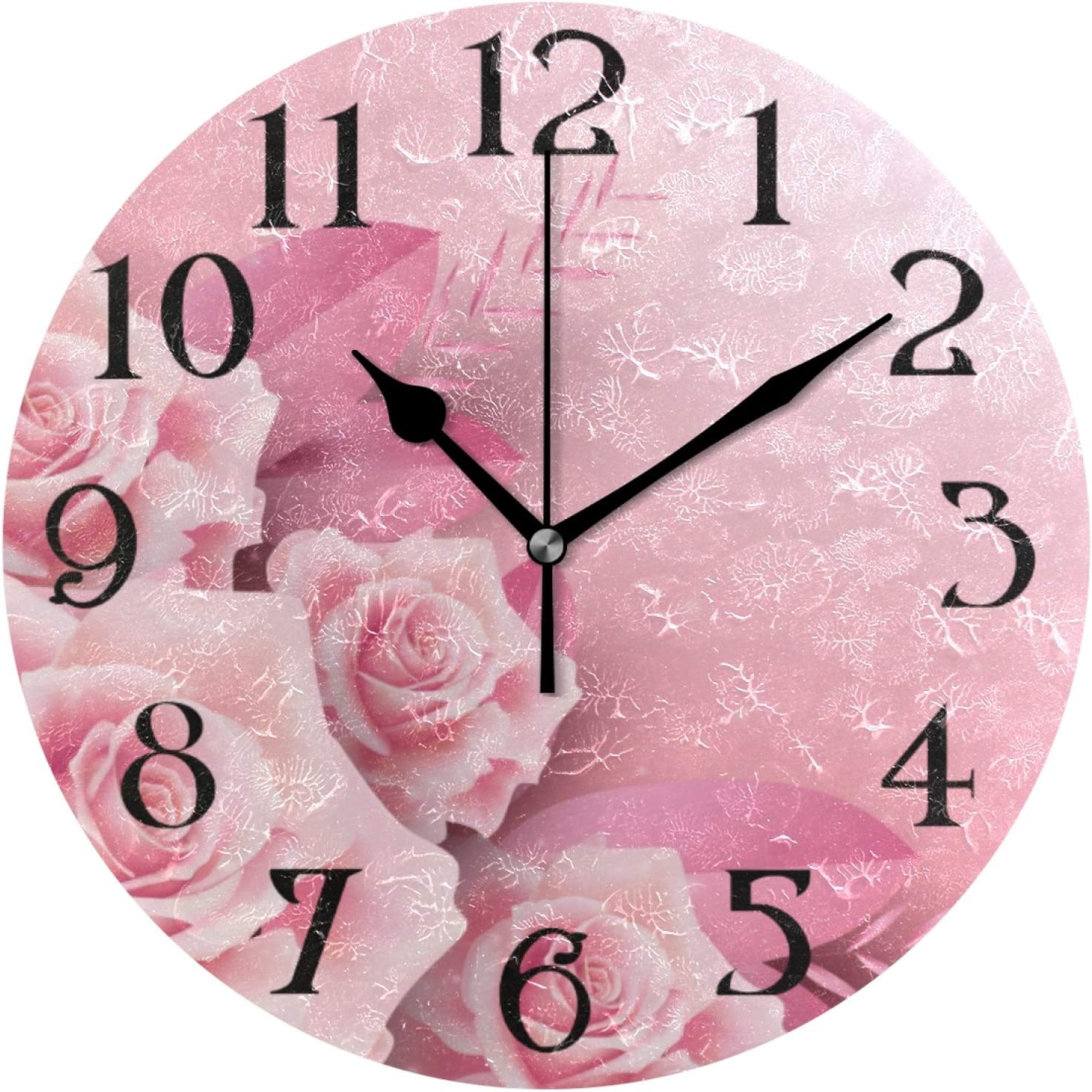 Pink Roses Wall Clock with Roses - Battery Operated, Non Ticking, Quartz Analog, Round 9.5 in, Kitchen Decor