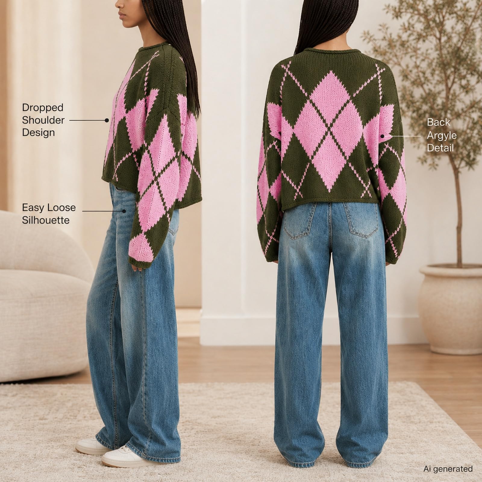 Damski sweter Argyle z okrągłym dekoltem z długim rękawem luźny sweter z
