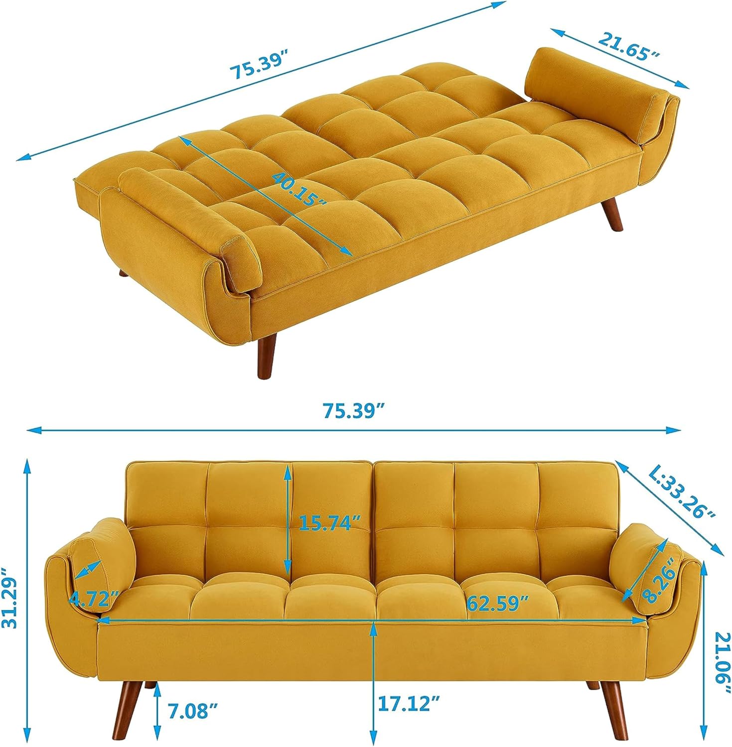 ERYE Modern Convertible Tufted Futon Sofa Bed Split Adjustable Backrest Loveseat Sofabed W/Removable Padded Armrests and Wood Legs for Living Space/Guest Room