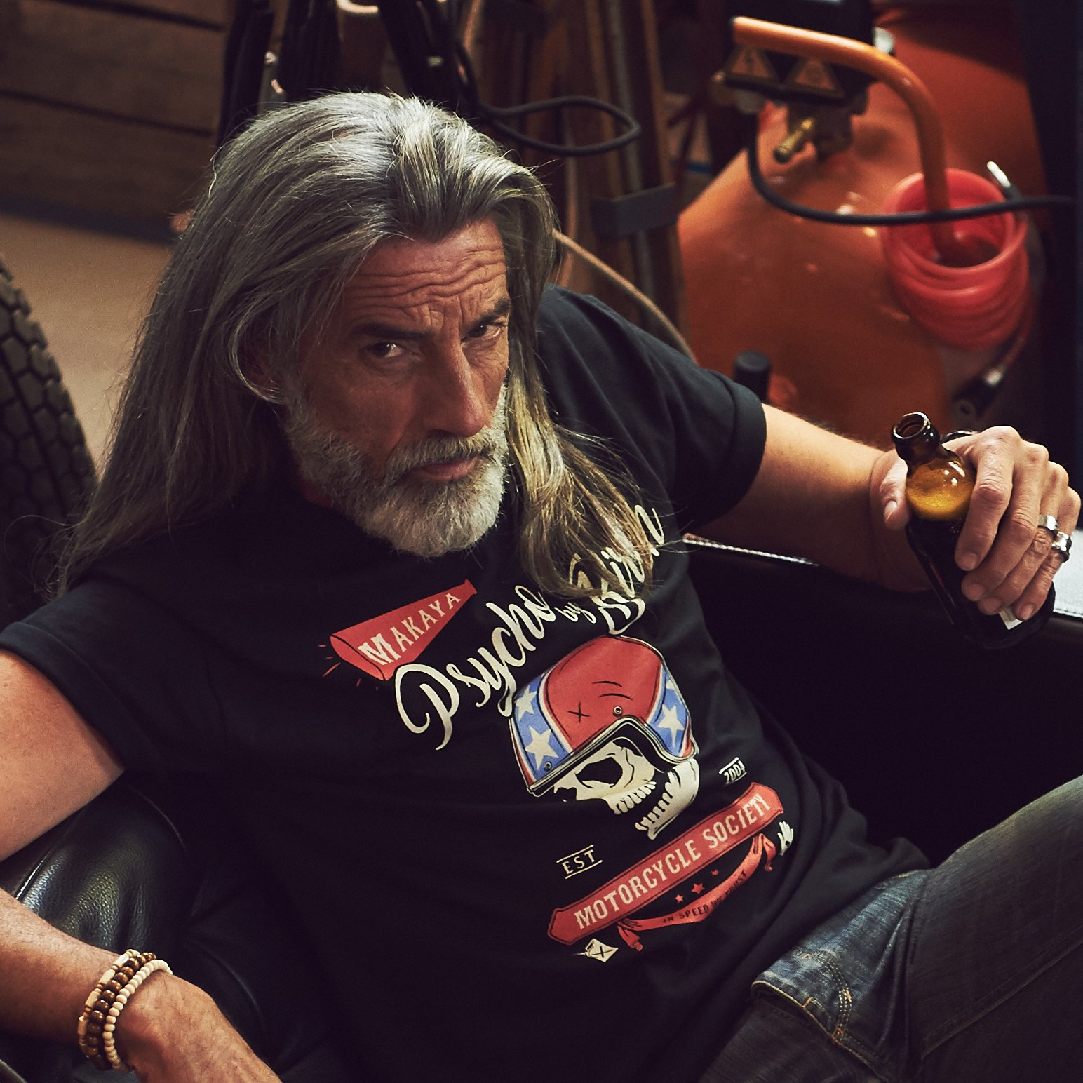 MAKAYA Camisetas Motorcycle Hombre - Psycho by Birth - T-Shirt Skull Calavera con Casco Moto Jet
