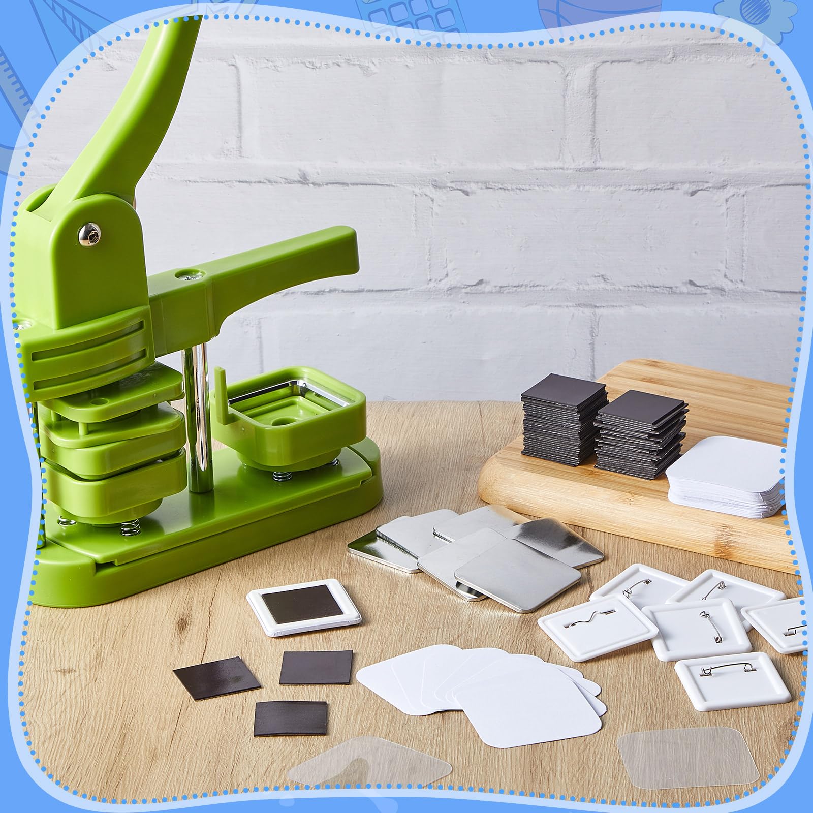Teenyyou 100 Sets, 50 mm, quadratische Knopfteile, DIY-Kühlschrankmagnete, Bastelset mit Magnet, Metallabdeckung, Kunststoff-Rückseite, Nadeln, transparenter Folie, blanko Papier