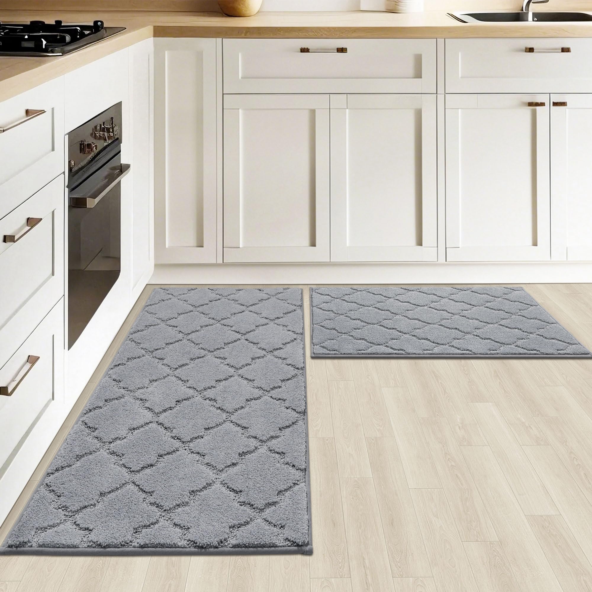 COSY HOMEER Alfombra de Cocina Antideslizante Lavable, Set de 2 Unidades (51 x 76 cm + 51 x 122 cm), Alfombra para Pasillo y Cocina, Ideal para Sala de Estar, Gris