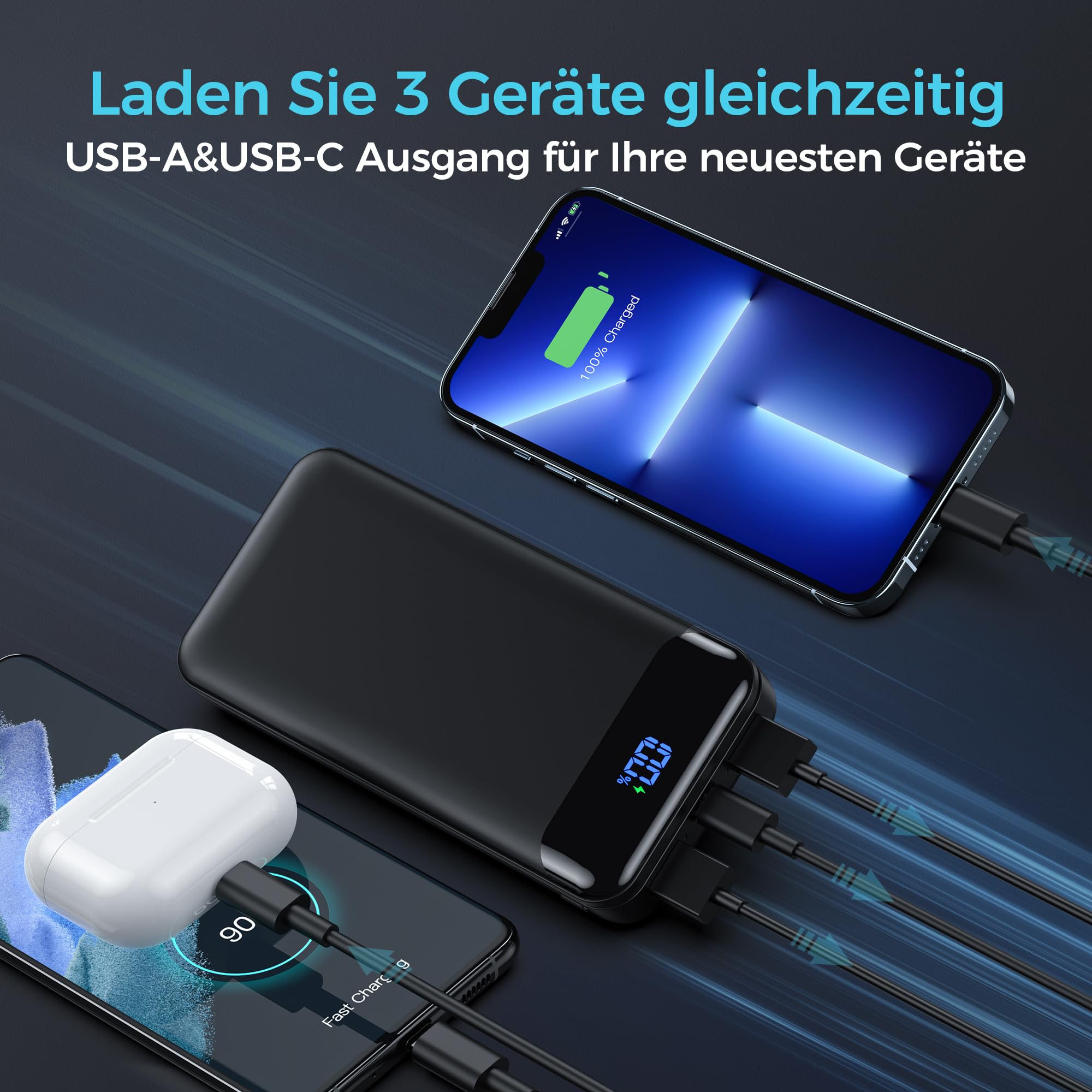 Enerwow Power Bank 27000 mAh, 22.5W Powerbank, USB C Externer Akkupack mit LCD Display, Tragbares Ladegerät für iPhone 17/16/15/14/13/12, iPad, Samsung & Mehr（P300/Schwarz）