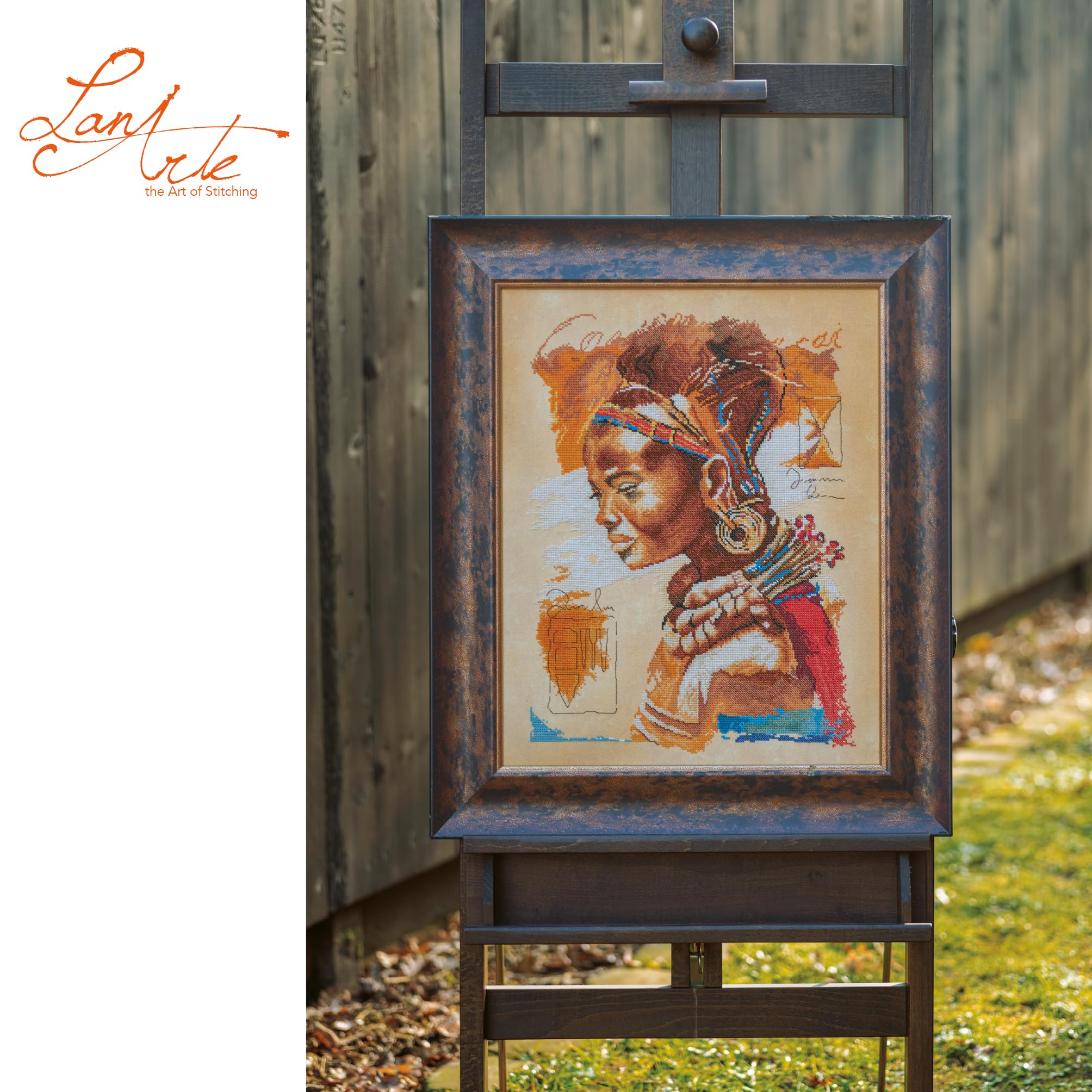 LANARTE Haft Krzyżykowy Liczony Zestaw Obraz do Haftu AFRYKAŃSKA KOBIETA Zrób to Sam Zestaw Kreatywny dla Dorosłych Rękodzieło Artystyczne 39 x 49 cm Dekoracja Ścienna DIY Cross Stitch Kit