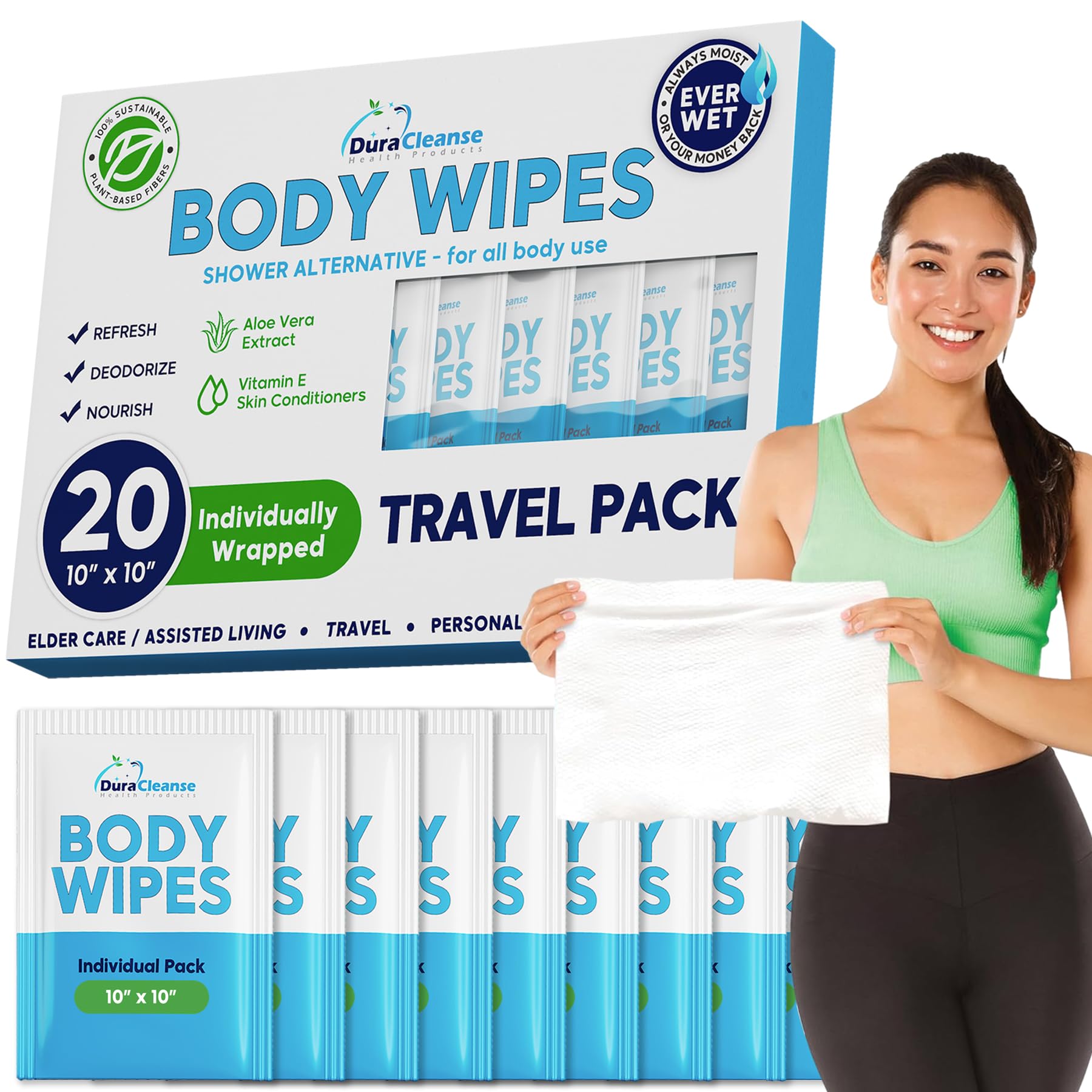 Body Wipes for Adults Bathing No Rinse 20 Count Travel Wipes - 9