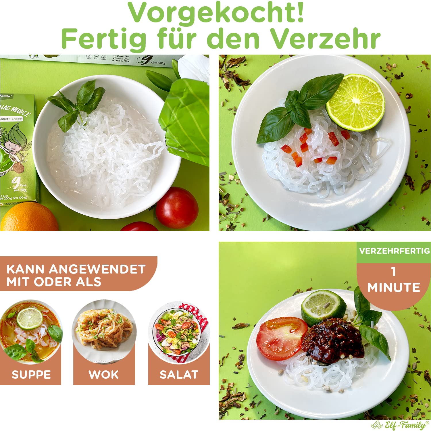 Elf-family Bio Pasta Konjac Keto Carbohidratos Ultrabajos/Vegano/Sin Gluten 270 g x 1 cajas(2 paquetes), Fideos Konjac Noodles Shirataki Noodles/Sin azúcar/Bajo en Calorías - Spaghetti