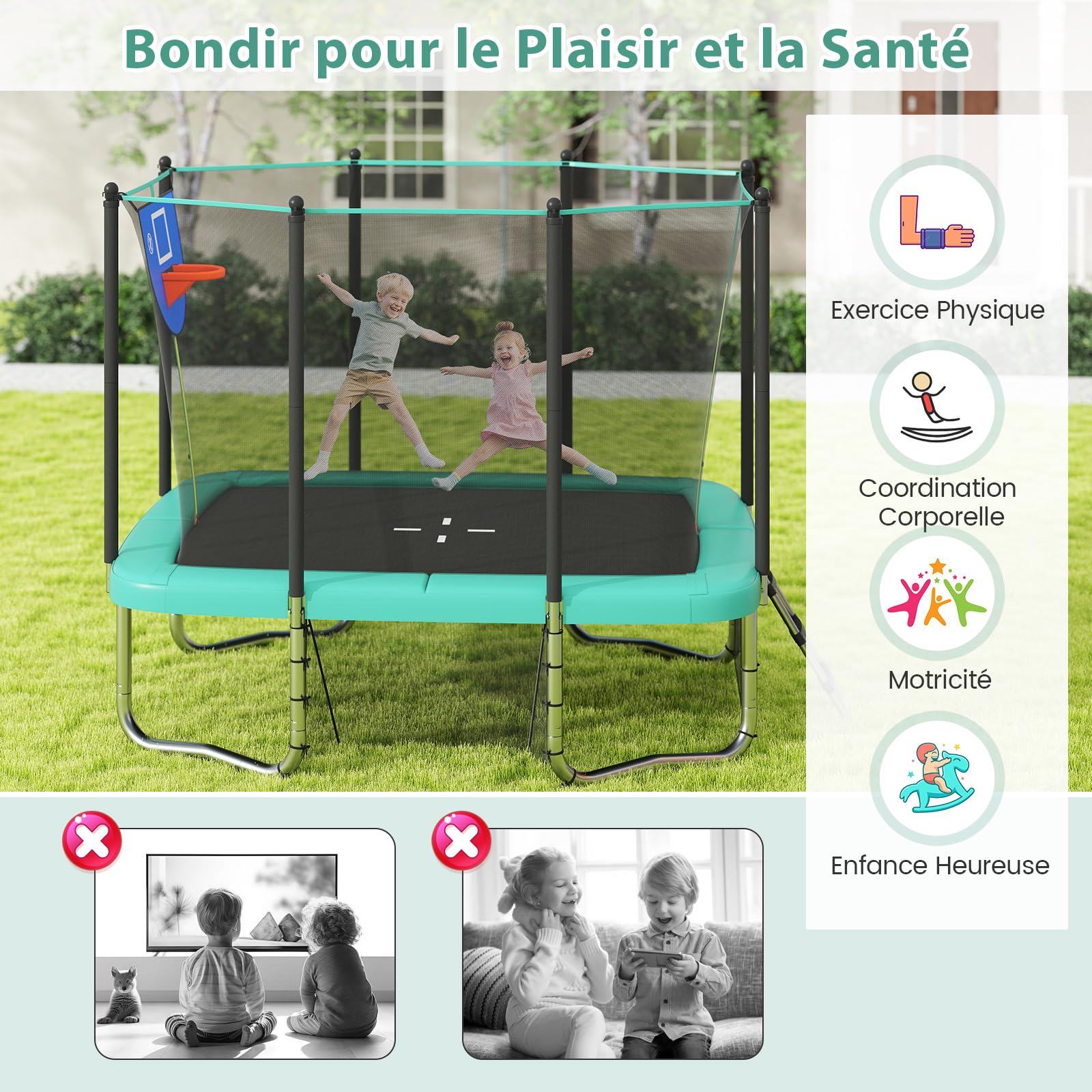 COSTWAY Trampoline Exterieur Enfant Adulte 317x255 cm, Panier de Basketball, But de Football, Échelle, Trampoline Rectangulaire, 68 Ressorts, 2 Portes Zippées, Boucles de Sécurité, pour 3 Ans+
