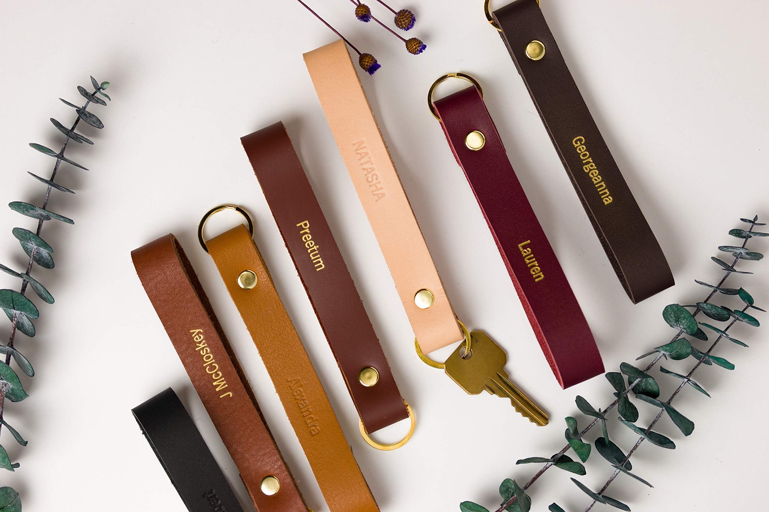 KEYAIIRA - Personalized Leather Wristlet Keychain - real leather custom key ring monogrammed gifts for men customized 3rd anniversary gift for him gold key chain leather wristband keyfob