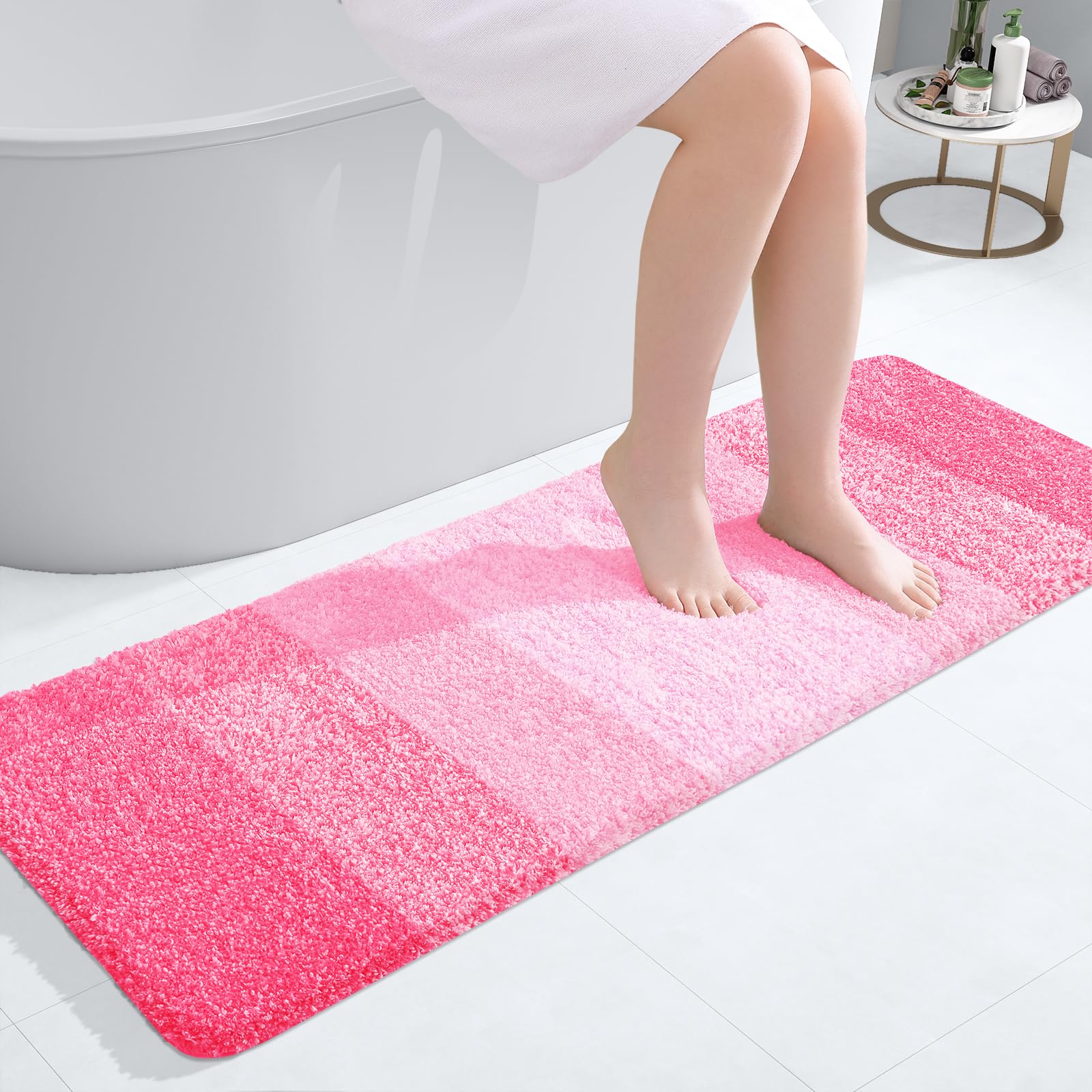 OLANLY Bathroom Runner Rug 47x17, Extra Soft Absorbent Microfiber Bath Rugs | Pink, Non-Slip Quick-Drying Rubber Backing, Machine Washable Long Bath Mat for Floor, Tub and Shower, Home Decor Accessories