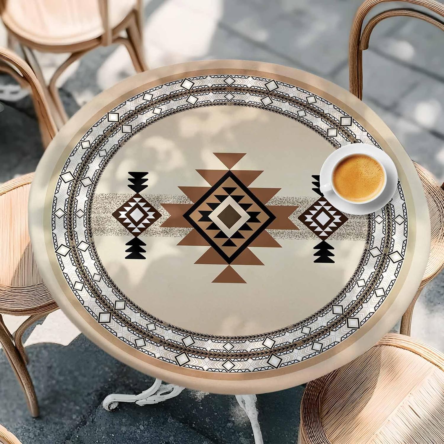 Southwest Round Waterproof Table Cover Fitted Tablecloth, Wipeable Fabric Elastic Table Cloth Oil-Proof Tablecover for Indoor Outdoor Picnic Party, Boho Geometric Native American Indian Print 55"-60"