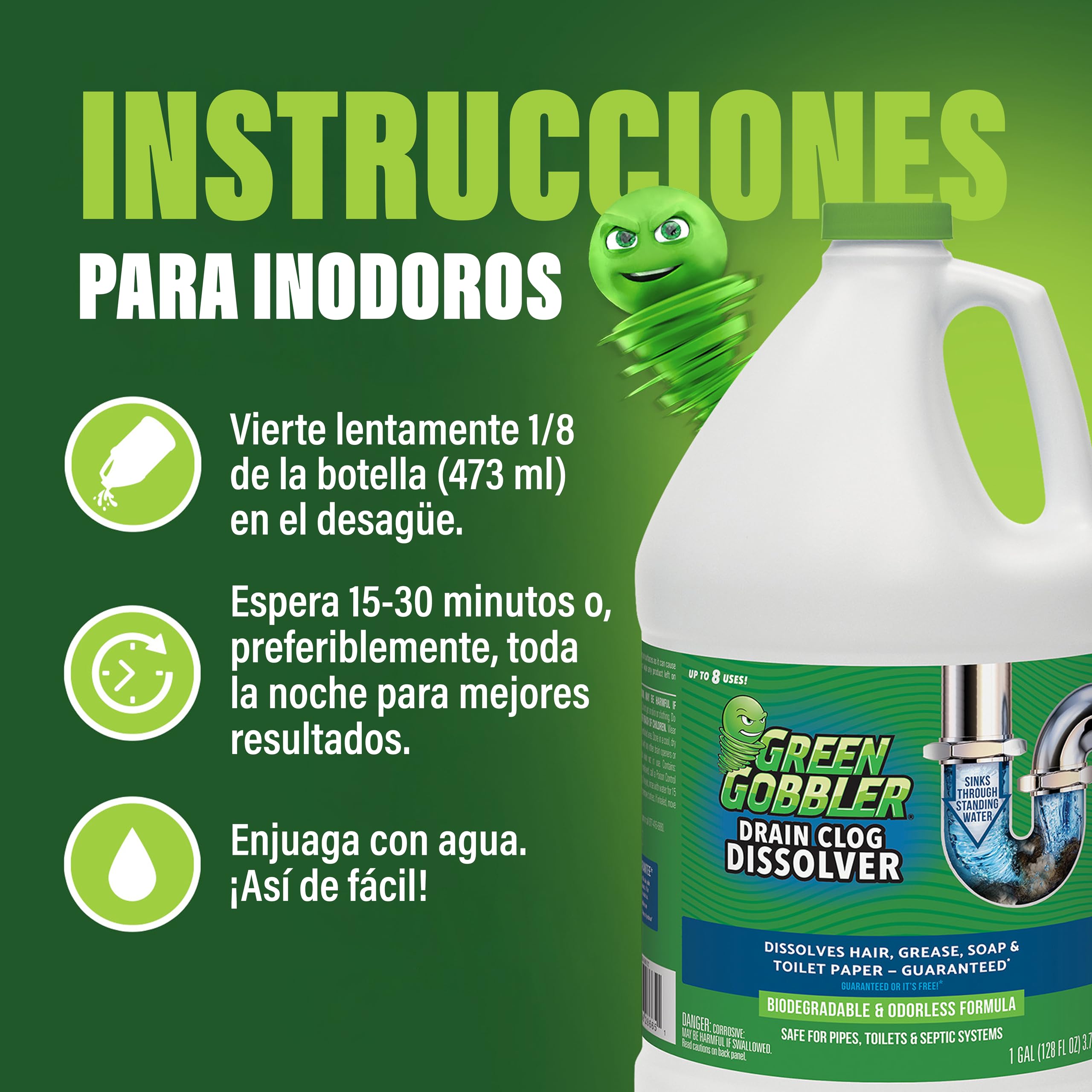 Green Gobbler - Desatascador de Tuberías - Disuelve Pelo y Materiales Orgánicos en Inodoros, Lavabos y Desagües - 3.8 L