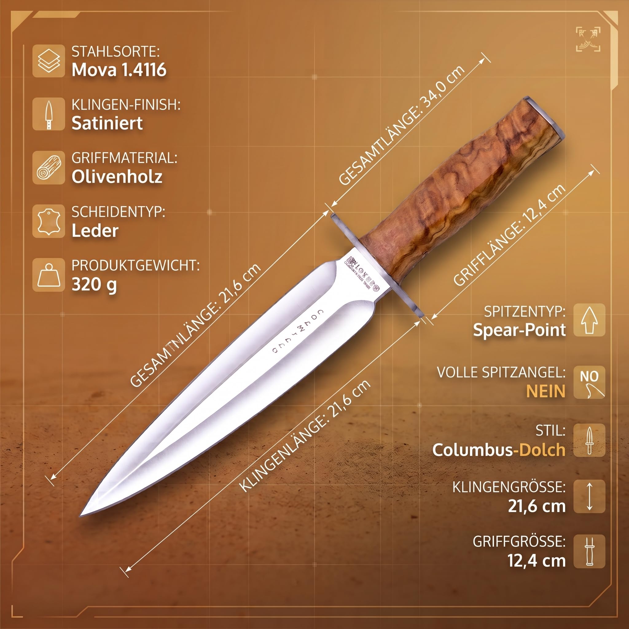 Joker Jagdmesser Colmillo CO108, Klinge 21,5 cm MOVA Stahl, Gürtelmesser mit Olivenholznholzgriff, brauner Lederscheide, Werkzeug zum Angeln, Jagen, Camping und Wandern