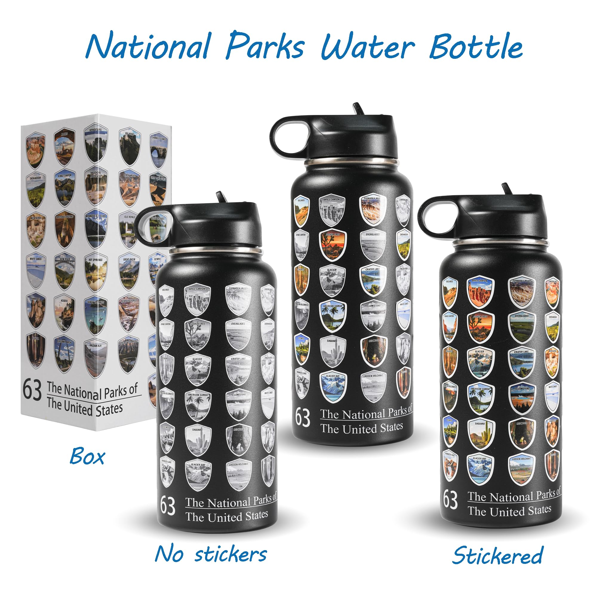Beautsque 63 National Parks Water Bottle with Stickers,3D Printed,32 oz Travel Insulated Bottles with Straw, Stainless Steel,Double Stickers,Gifts for Men