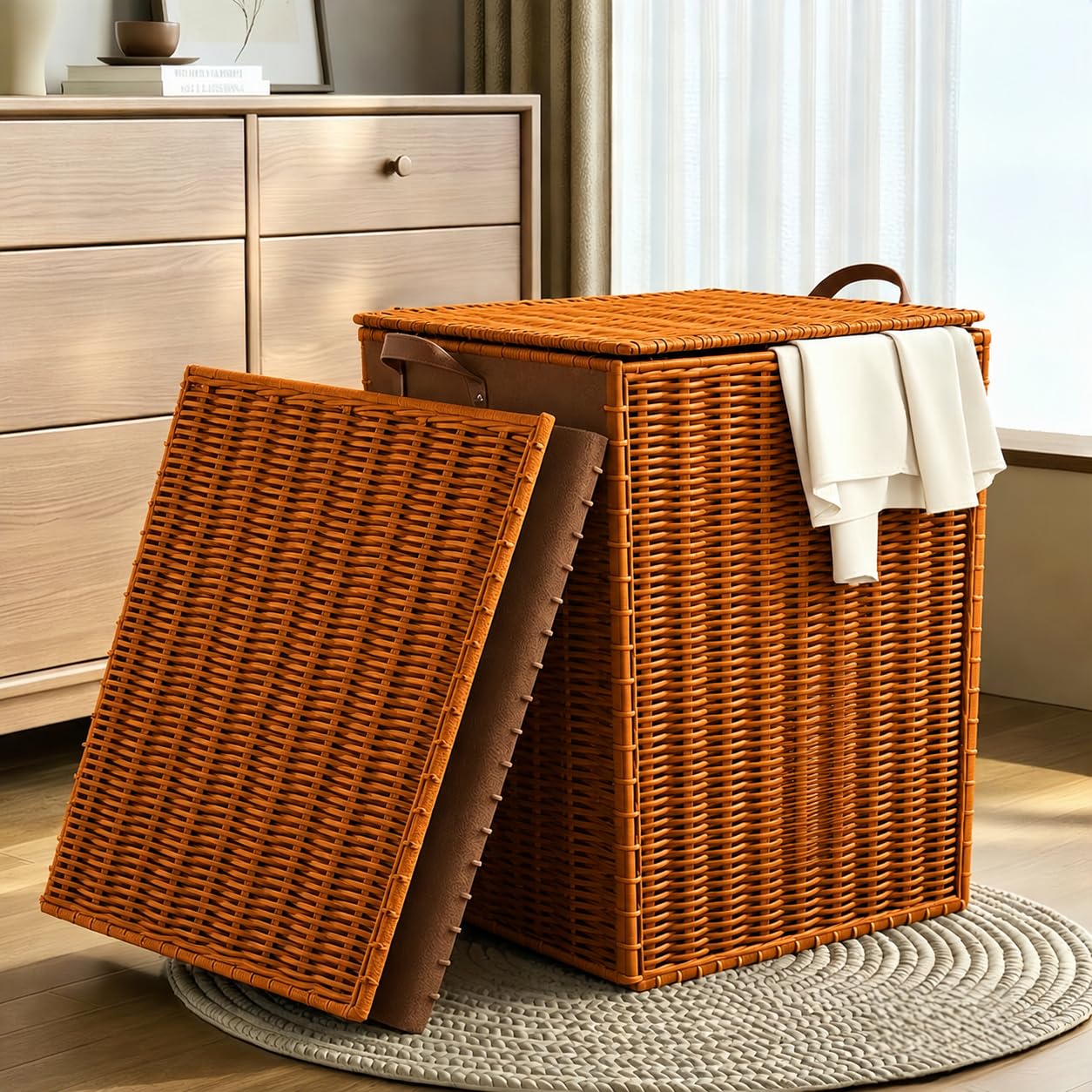 Foldable Faux Rattan Laundry Basket with Lid, 43 x 33 x 50 cm