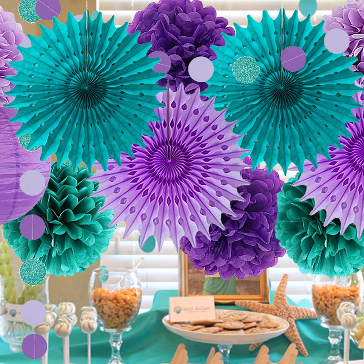 Teal Viola Lavanda Decorazioni per feste Sirena Festa di Compleanno Tessuto Pom Pom Fiori Lanterne Buon Compleanno Banner Dots Ghirlanda sotto il mare Festa Ragazze Baby Shower Party Decorazione