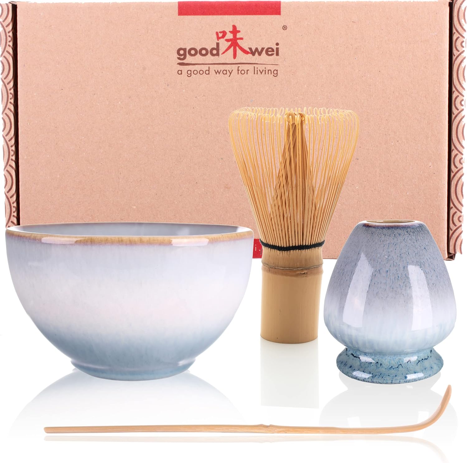 Goodwei Matcha Set including Matcha Whisk, Spoon and Ceramic Matcha Bowl with Whisk Holder in Matching Design